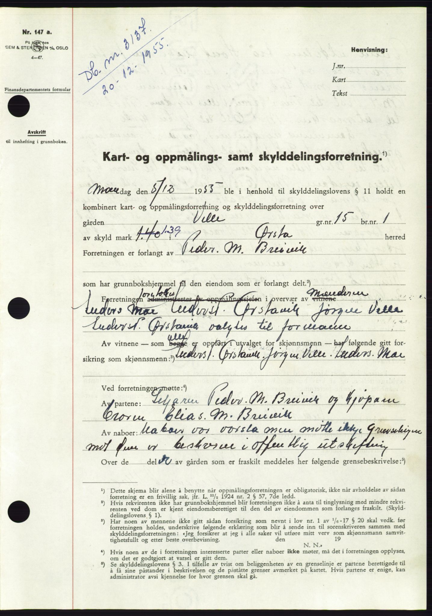 Søre Sunnmøre sorenskriveri, SAT/A-4122/1/2/2C/L0102: Pantebok nr. 28A, 1955-1956, Dagboknr: 3137/1955