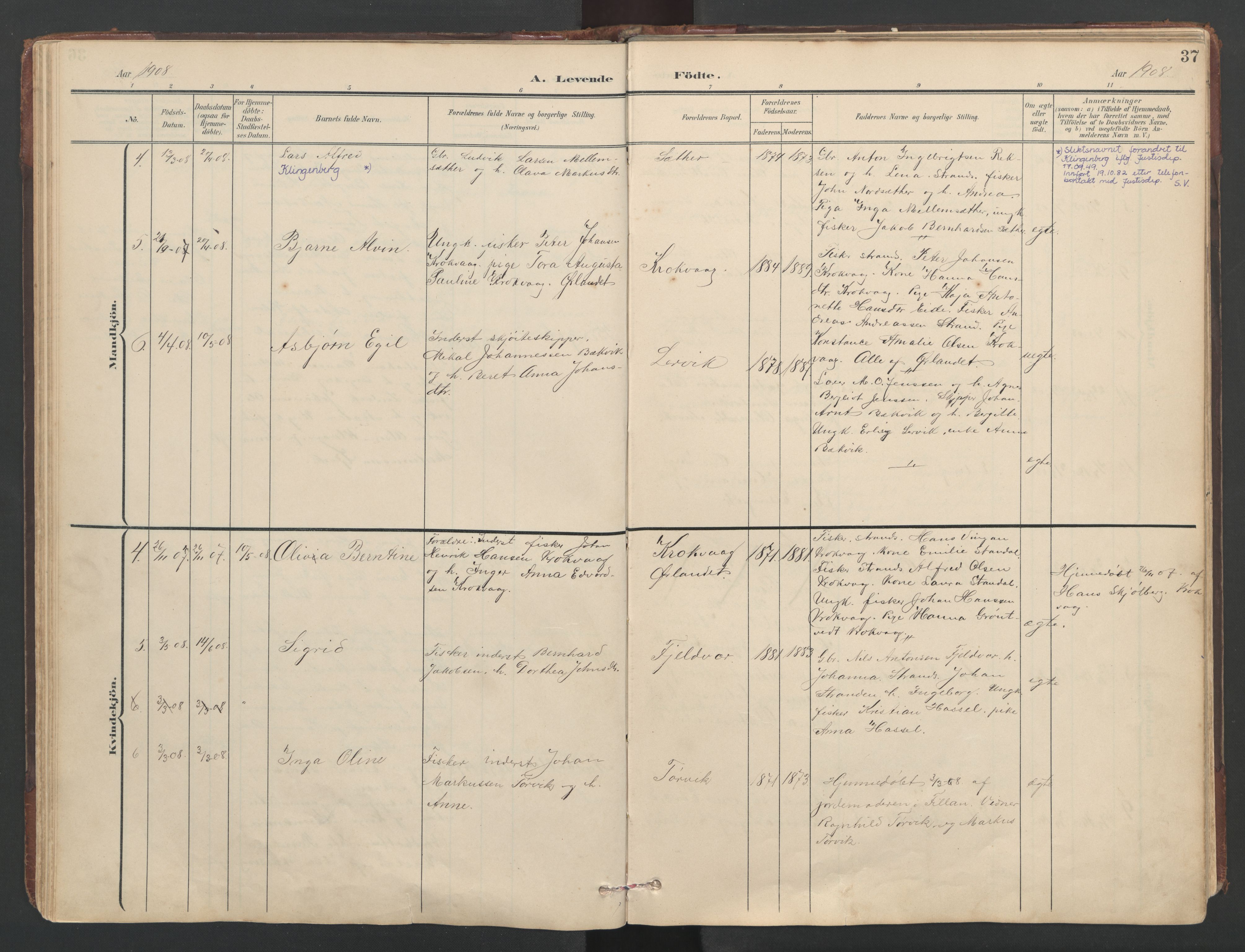 Ministerialprotokoller, klokkerbøker og fødselsregistre - Sør-Trøndelag, AV/SAT-A-1456/638/L0571: Klokkerbok nr. 638C03, 1901-1930, s. 37