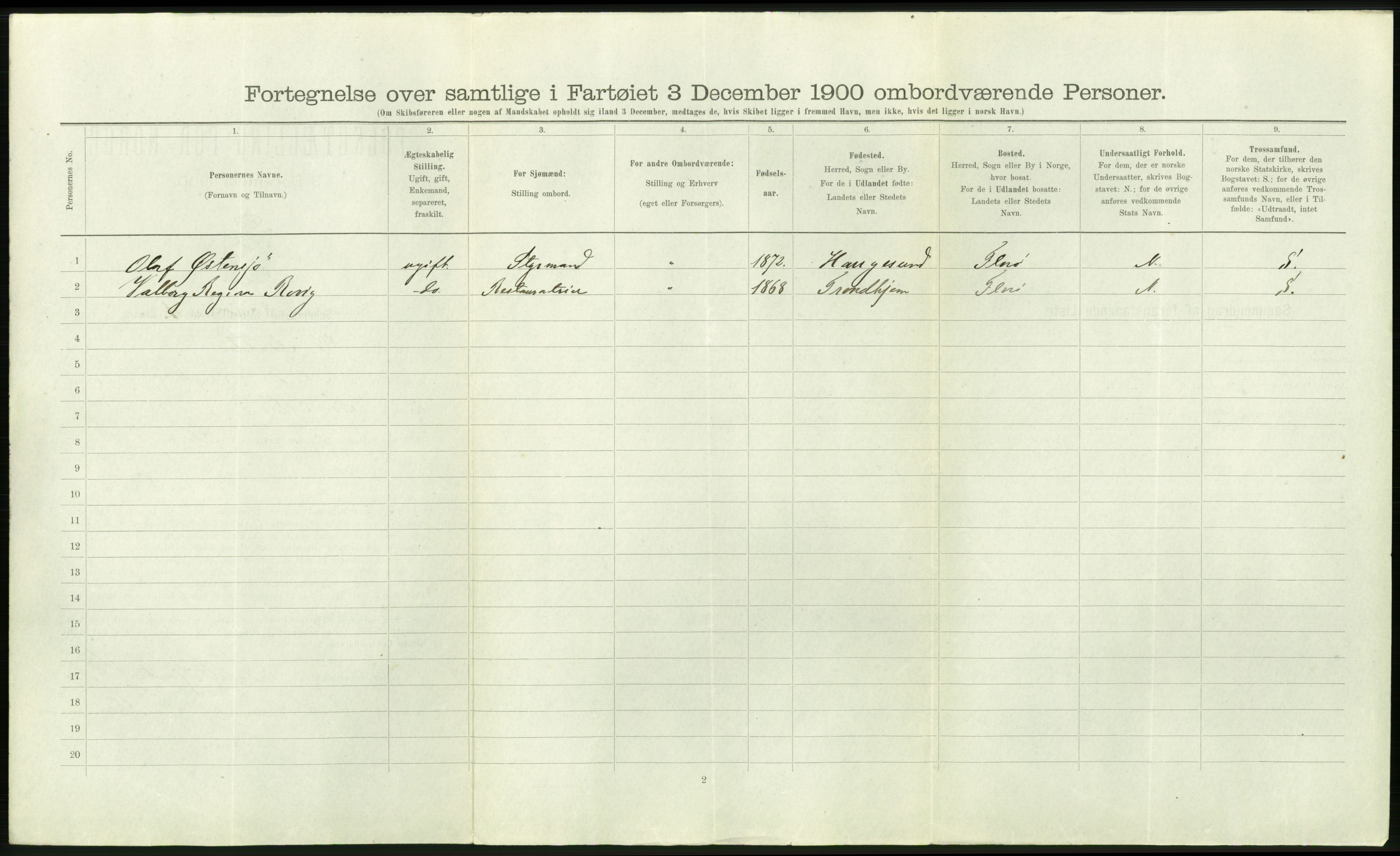 RA, Folketelling 1900 - skipslister med personlister for skip i norske havner, utenlandske havner og til havs, 1900, s. 1482