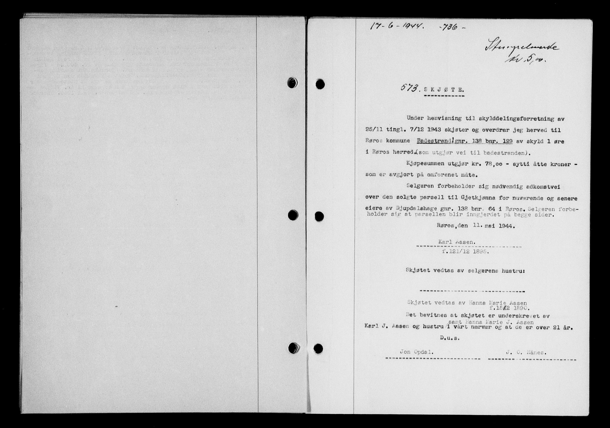 Gauldal sorenskriveri, SAT/A-0014/1/2/2C/L0057: Pantebok nr. 62, 1943-1944, Dagboknr: 573/1944