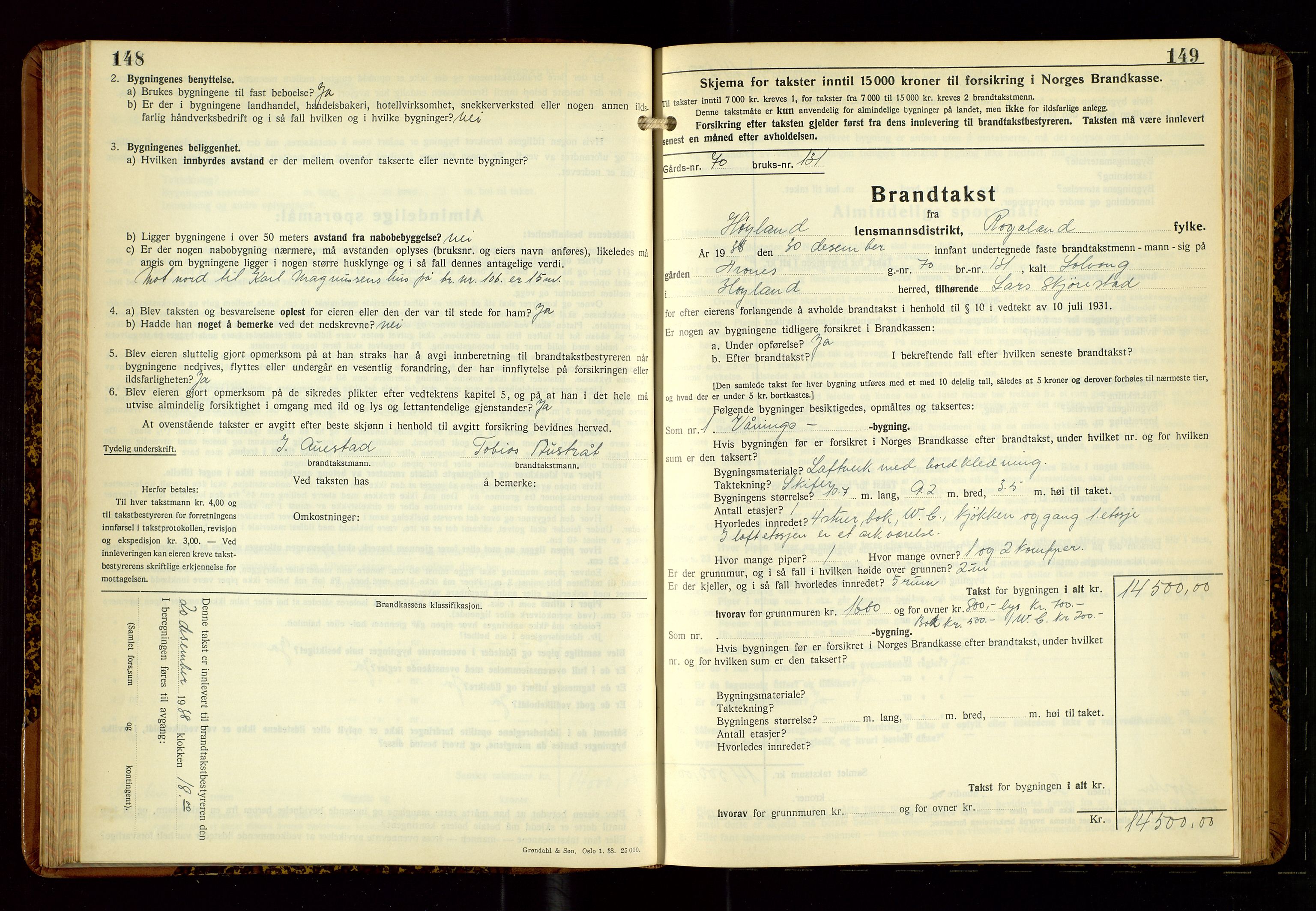 Høyland/Sandnes lensmannskontor, AV/SAST-A-100166/Gob/L0007: "Brandtakstprotokoll", 1938-1940, s. 148-149