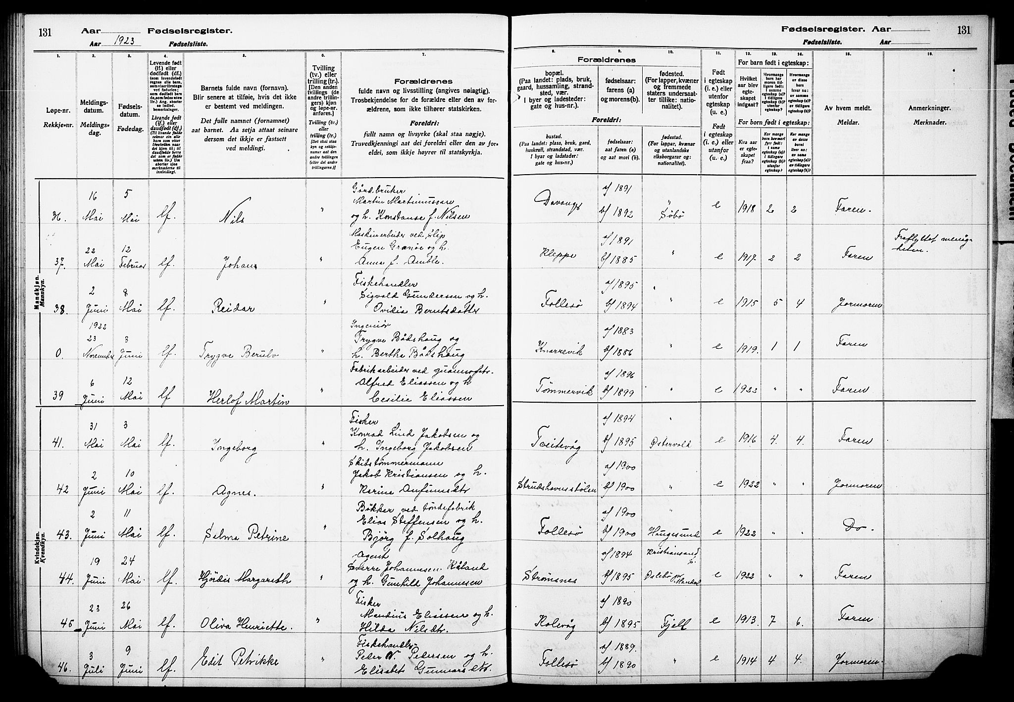 Askøy Sokneprestembete, SAB/A-74101/I/Id/L00A1: Fødselsregister nr. A 1, 1916-1928, s. 131