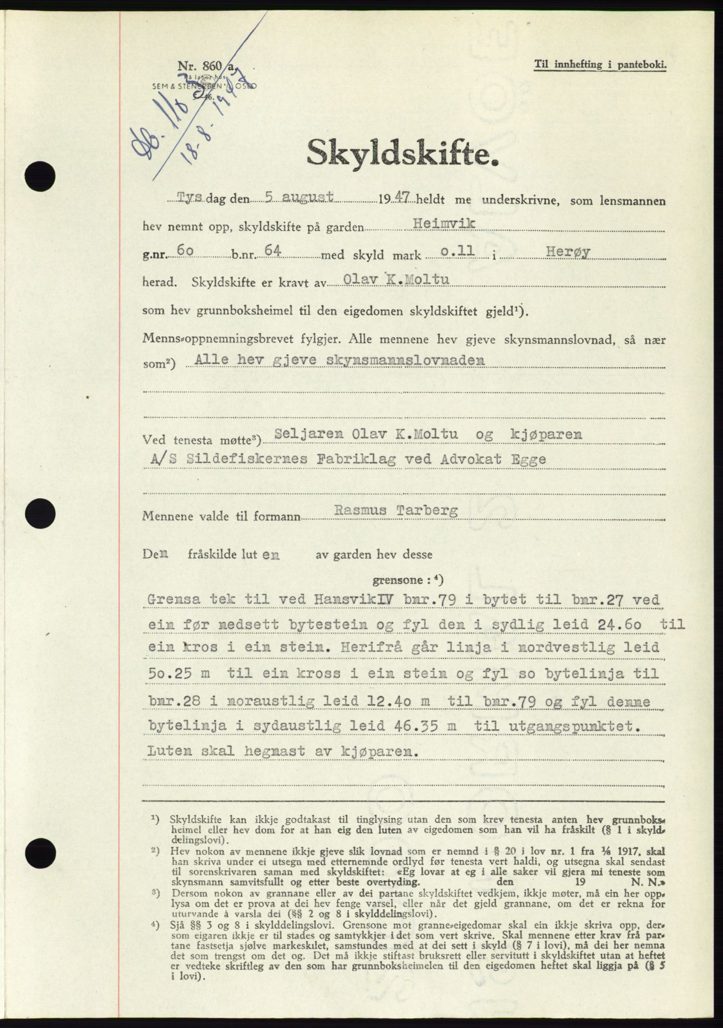 Søre Sunnmøre sorenskriveri, SAT/A-4122/1/2/2C/L0081: Pantebok nr. 7A, 1947-1948, Dagboknr: 1103/1947