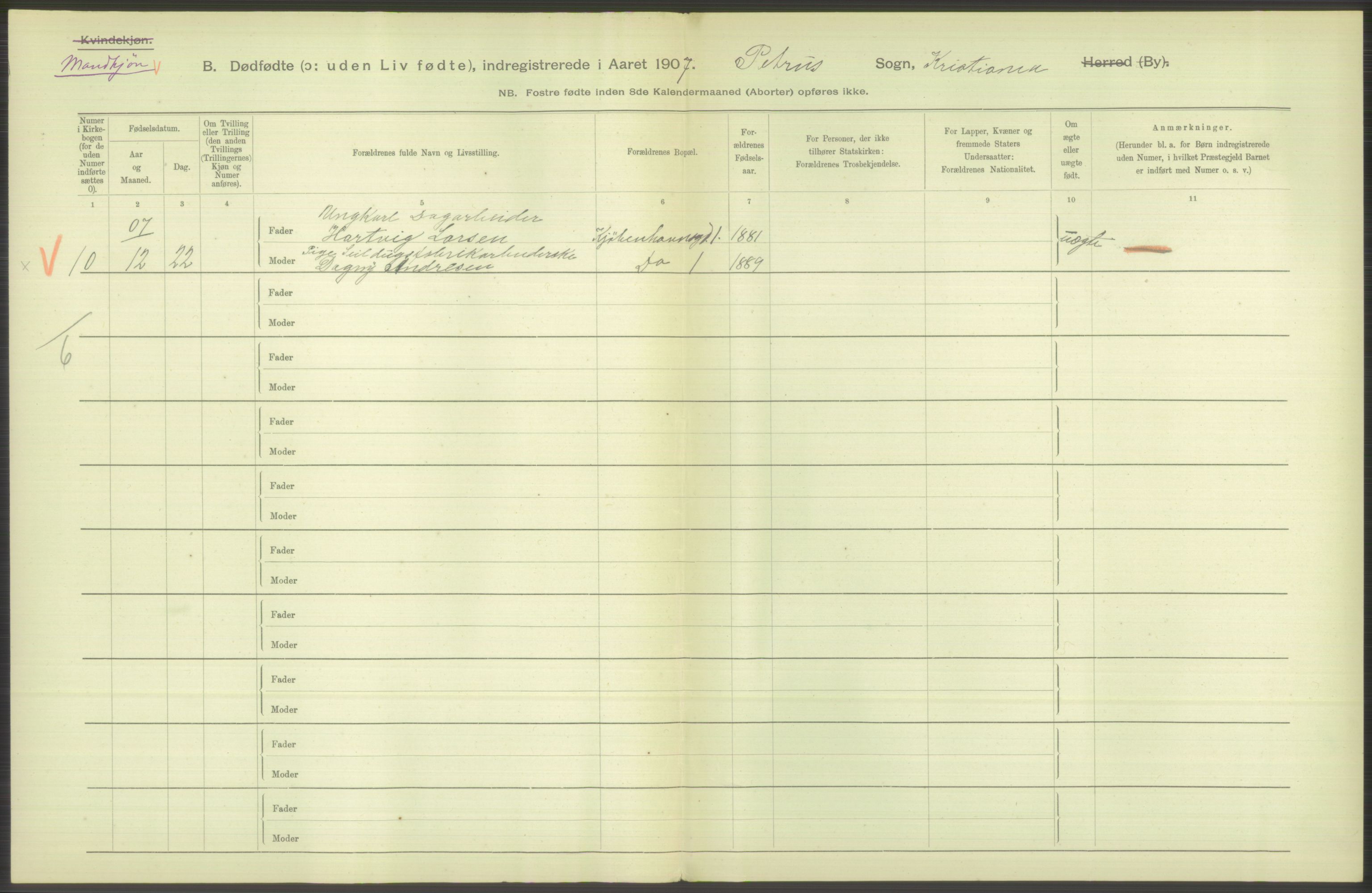 Statistisk sentralbyrå, Sosiodemografiske emner, Befolkning, RA/S-2228/D/Df/Dfa/Dfae/L0010: Kristiania: Døde, dødfødte, 1907, s. 74