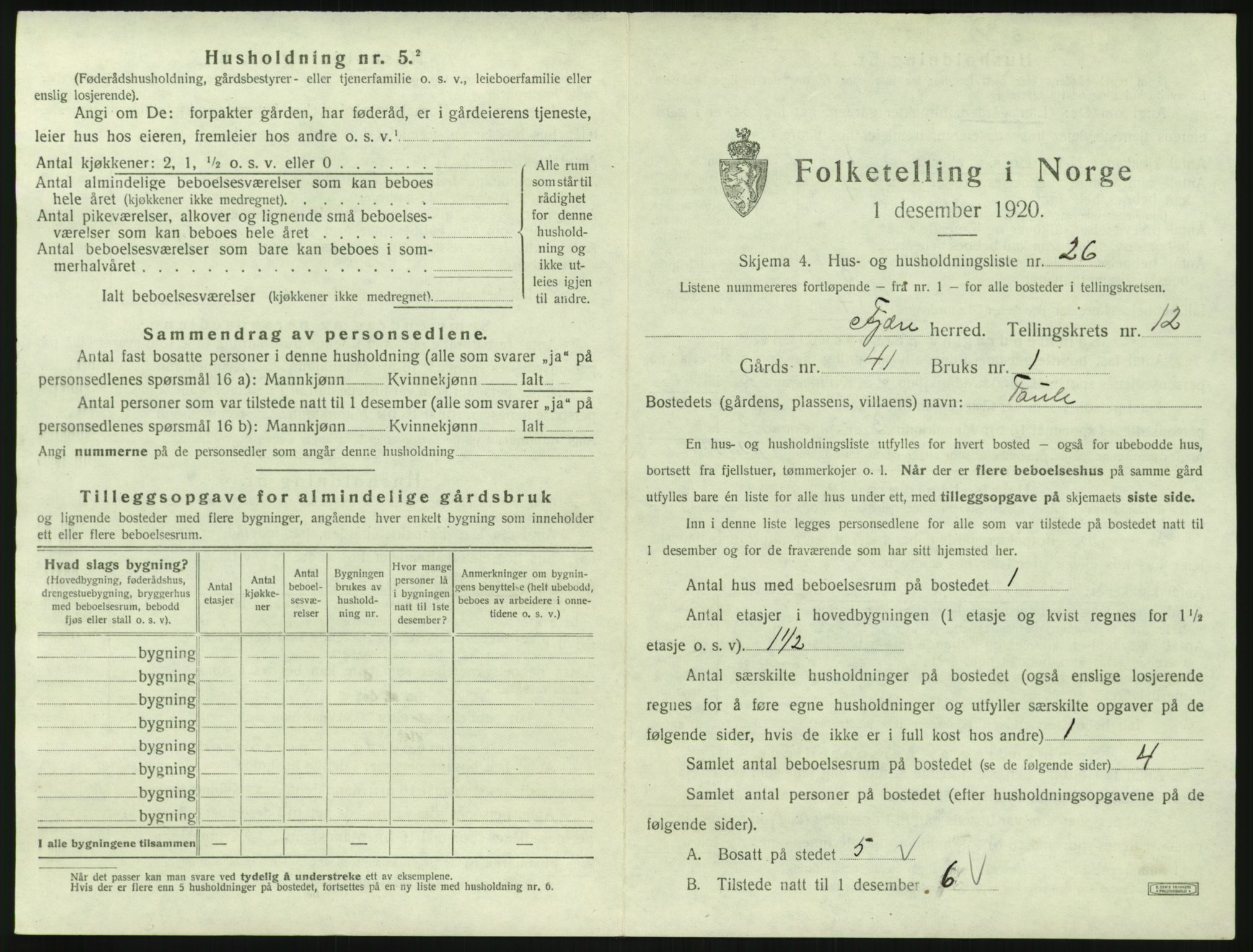 SAK, Folketelling 1920 for 0923 Fjære herred, 1920, s. 2101