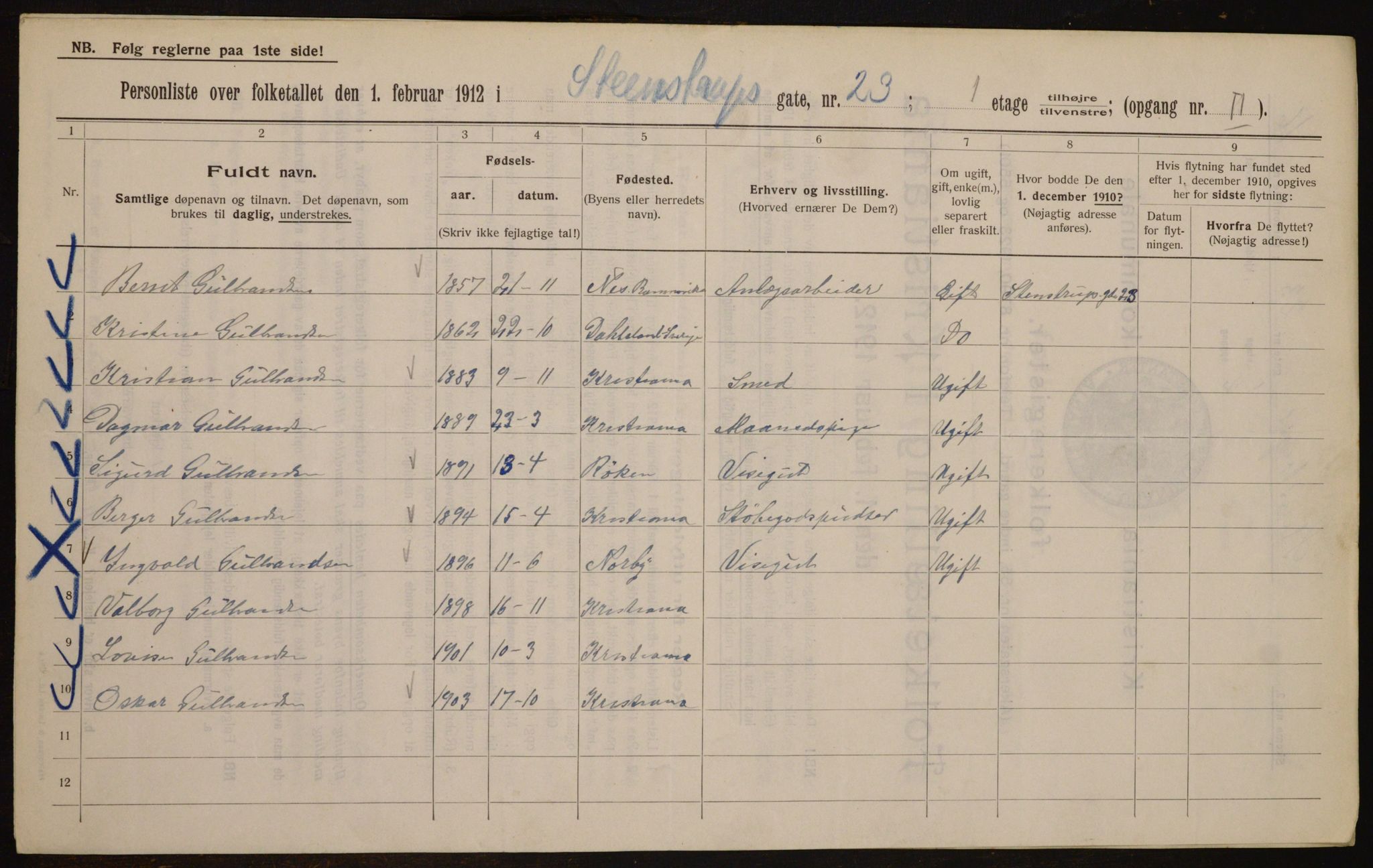 OBA, Kommunal folketelling 1.2.1912 for Kristiania, 1912, s. 101516