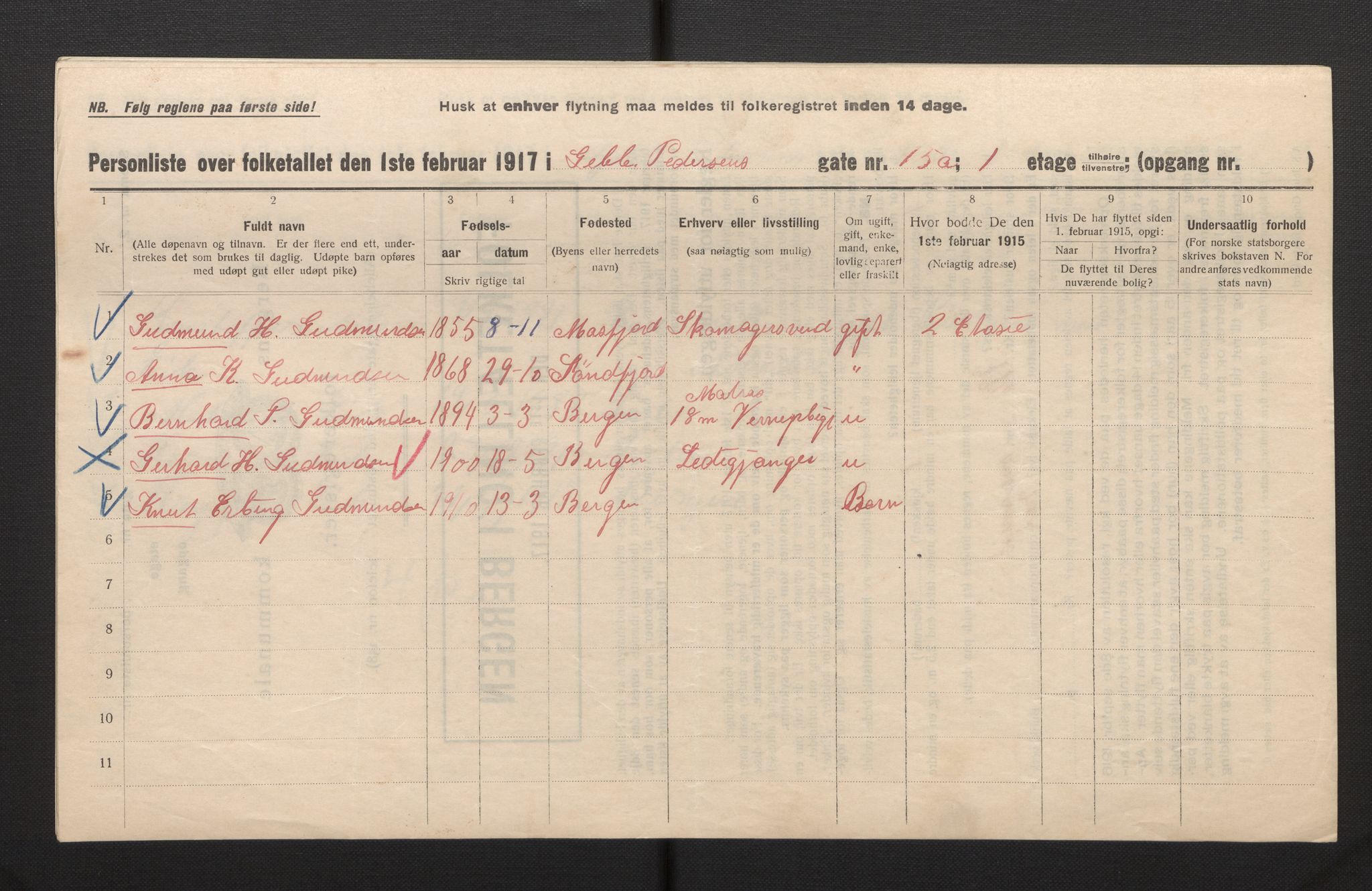 SAB, Kommunal folketelling 1917 for Bergen kjøpstad, 1917, s. 10083