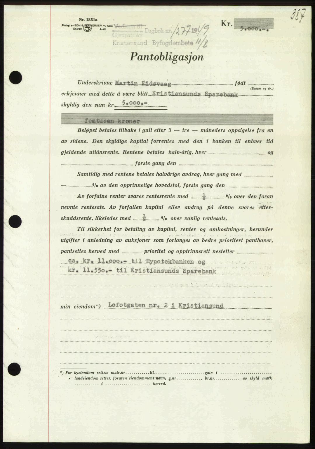 Kristiansund byfogd, AV/SAT-A-4587/A/27: Pantebok nr. 45, 1948-1949, Dagboknr: 1277/1949