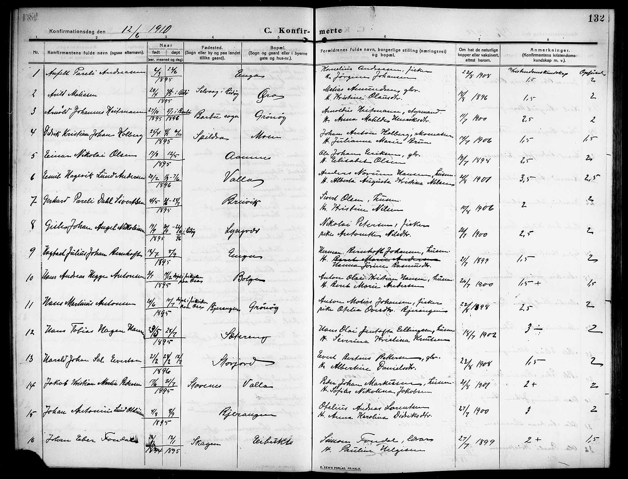 Ministerialprotokoller, klokkerbøker og fødselsregistre - Nordland, SAT/A-1459/843/L0639: Klokkerbok nr. 843C08, 1908-1924, s. 132