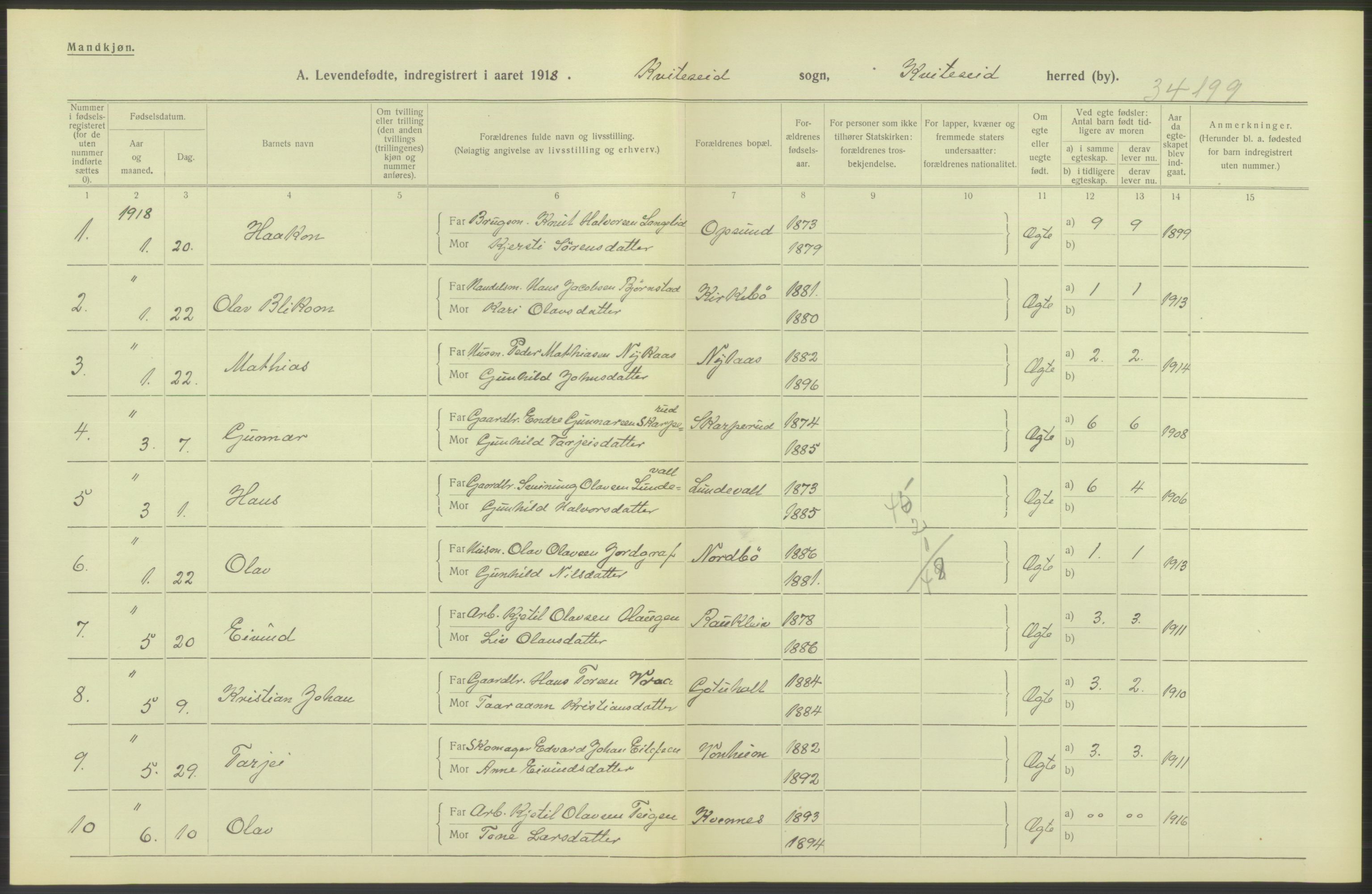 Statistisk sentralbyrå, Sosiodemografiske emner, Befolkning, RA/S-2228/D/Df/Dfb/Dfbh/L0024: Telemark fylke: Levendefødte menn og kvinner. Bygder og byer., 1918, s. 78