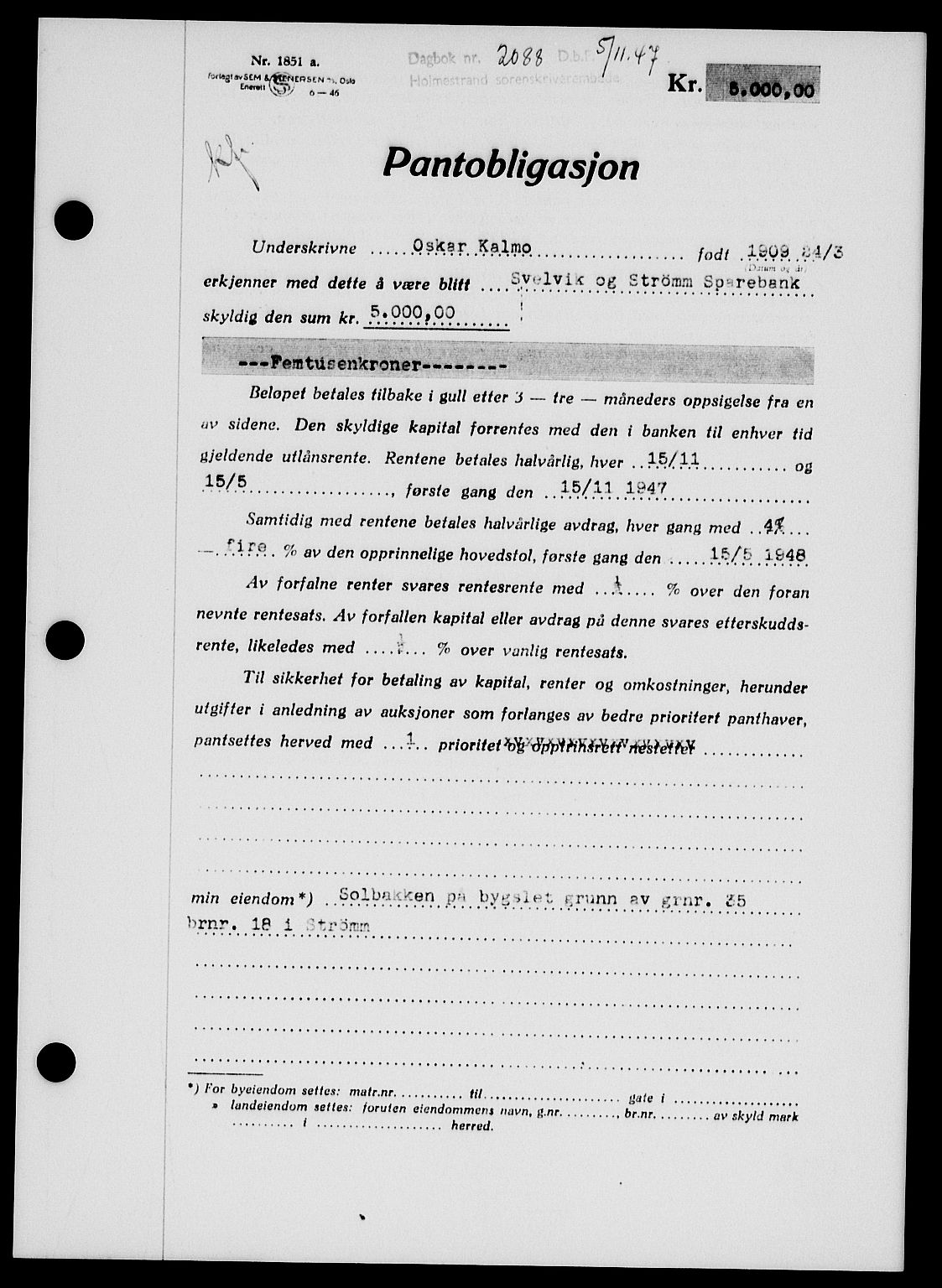 Holmestrand sorenskriveri, SAKO/A-67/G/Ga/Gab/L0058: Pantebok nr. B-58, 1947-1948, Dagboknr: 2088/1947