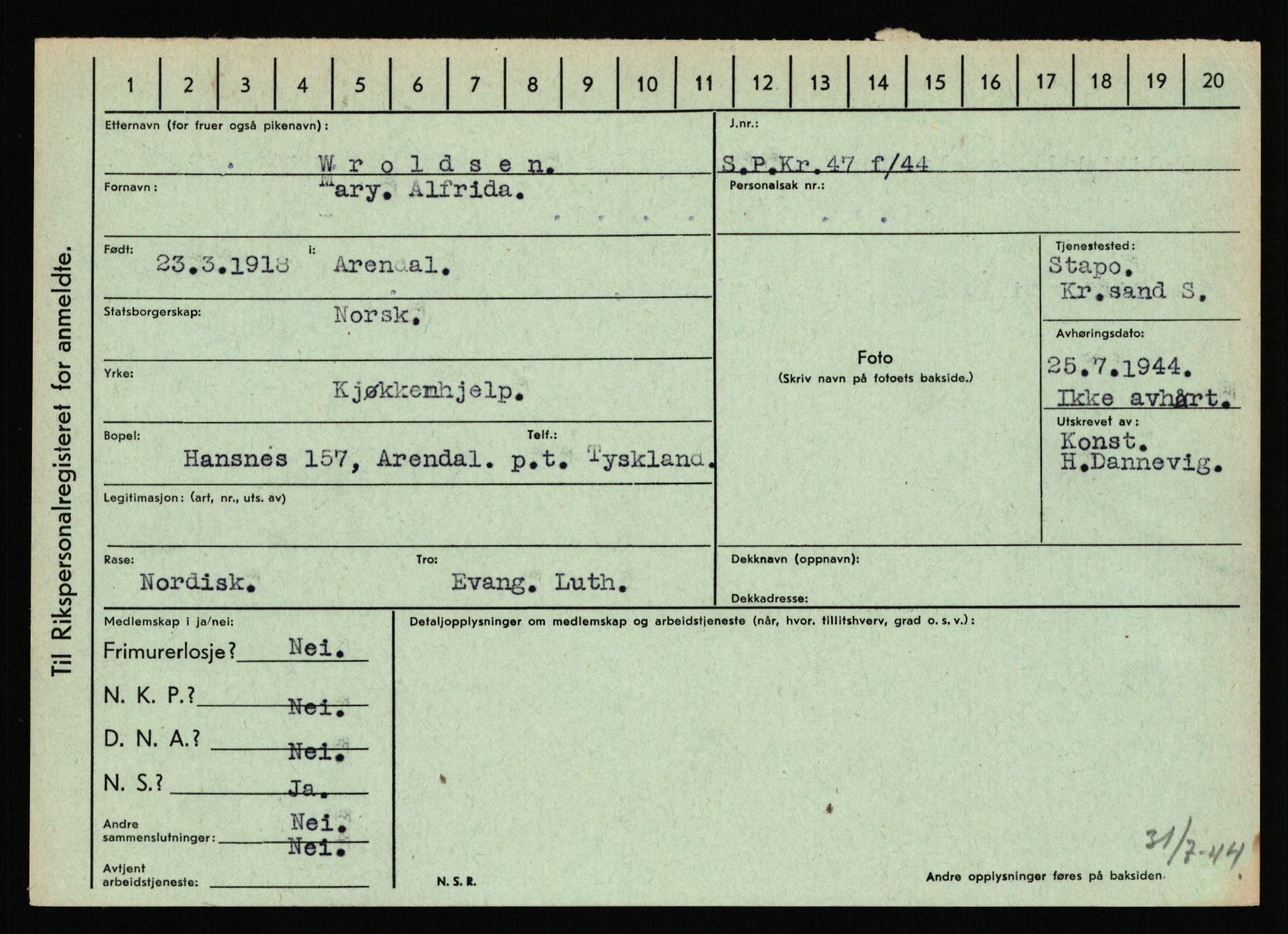 Statspolitiet - Hovedkontoret / Osloavdelingen, AV/RA-S-1329/C/Ca/L0016: Uberg - Øystese, 1943-1945, s. 3160