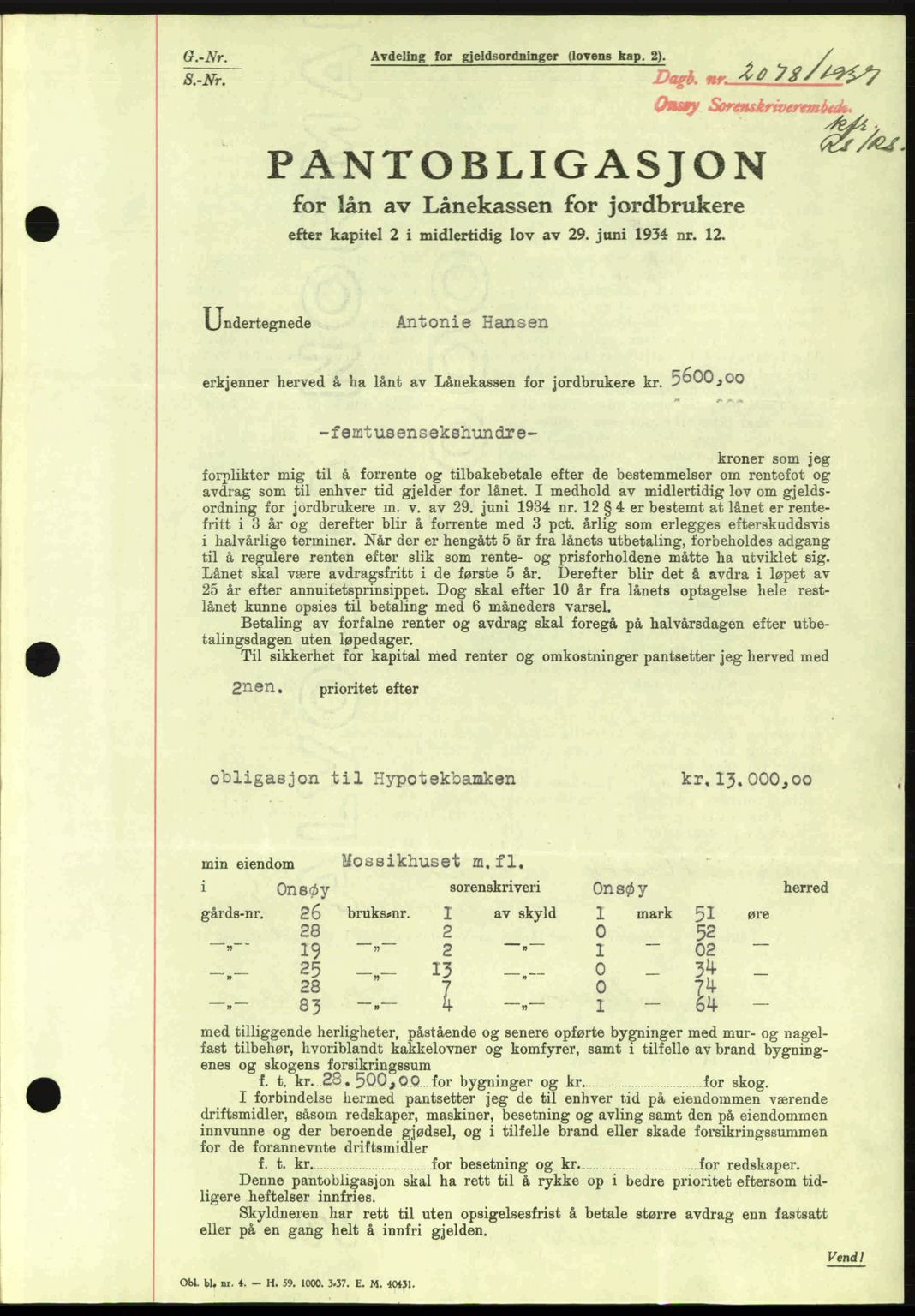 Onsøy sorenskriveri, SAO/A-10474/G/Ga/Gac/L0001: Pantebok nr. B1, 1936-1938, Dagboknr: 2078/1937