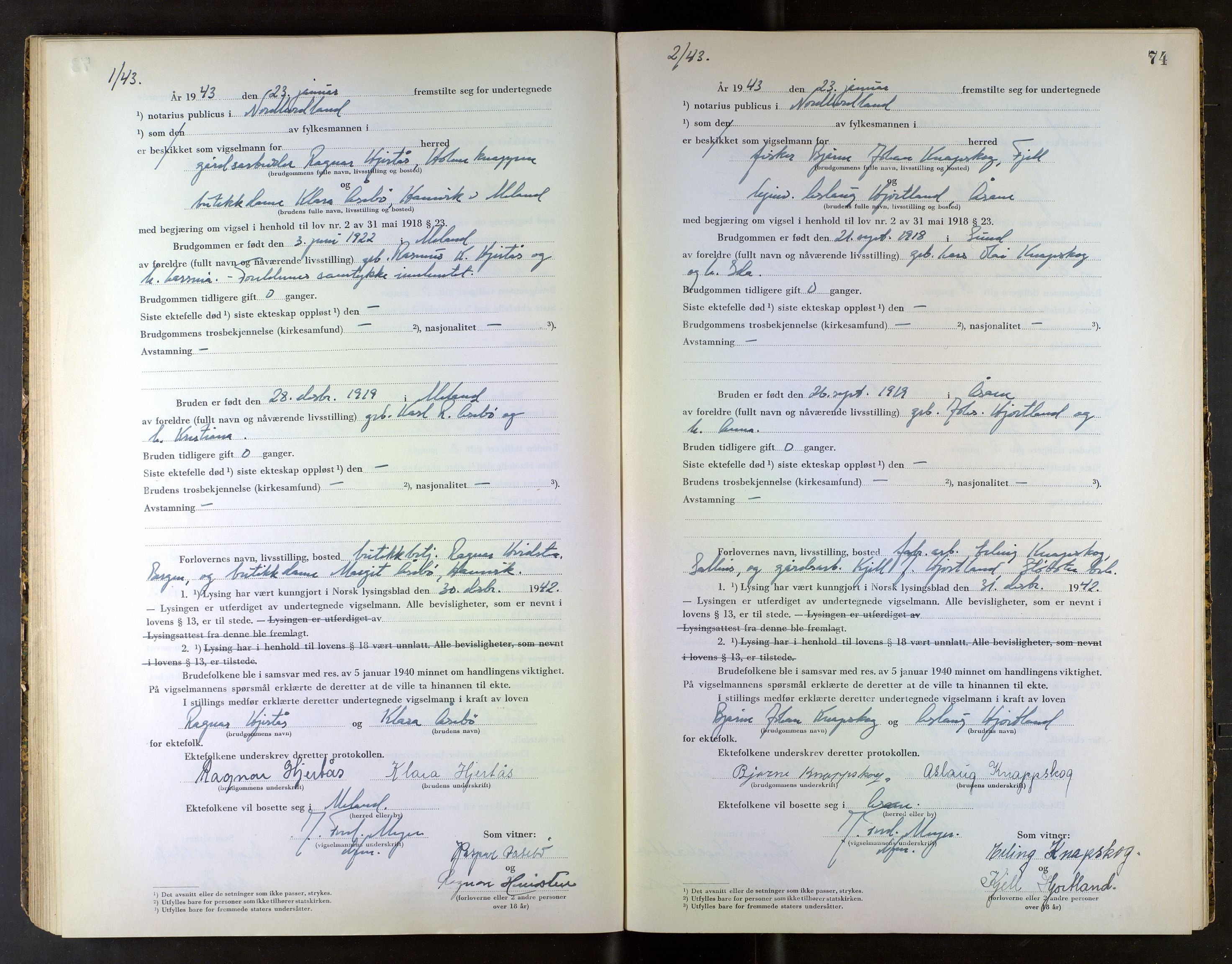 Nordhordland sorenskrivar, AV/SAB-A-2901/1/M/Mb/Mba/L0002: Vigselbøker, 1942-1943, s. 74