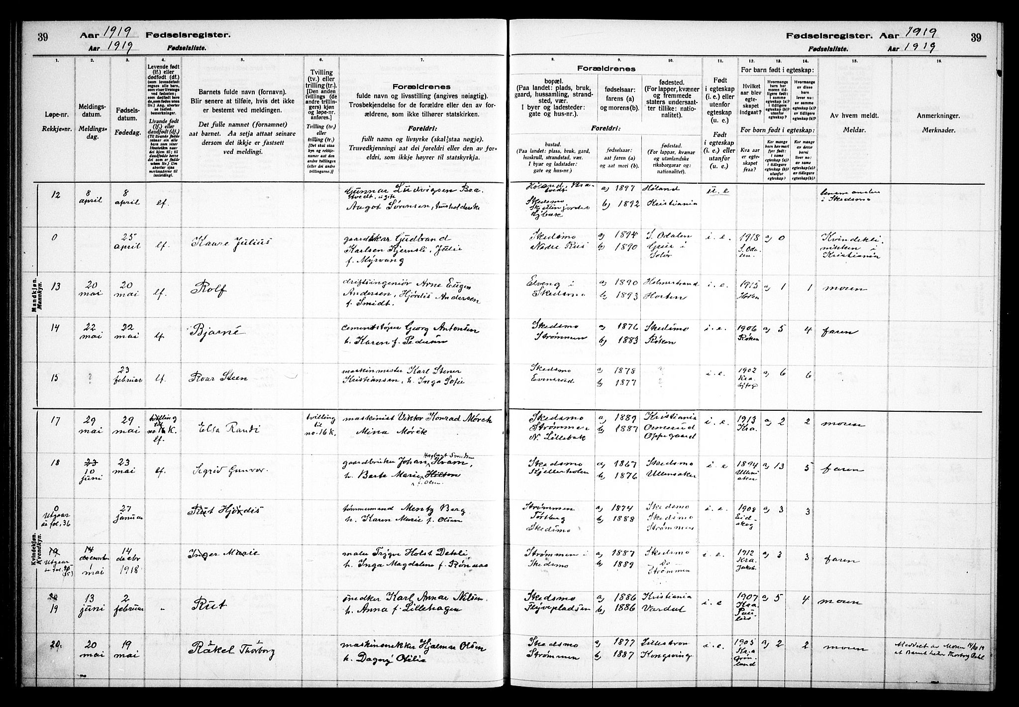 Skedsmo prestekontor Kirkebøker, AV/SAO-A-10033a/J/Ja/L0001: Fødselsregister nr. I 1, 1916-1931, s. 39