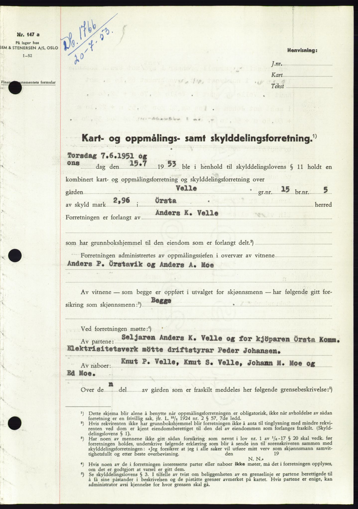 Søre Sunnmøre sorenskriveri, AV/SAT-A-4122/1/2/2C/L0095: Pantebok nr. 21A, 1953-1953, Dagboknr: 1766/1953