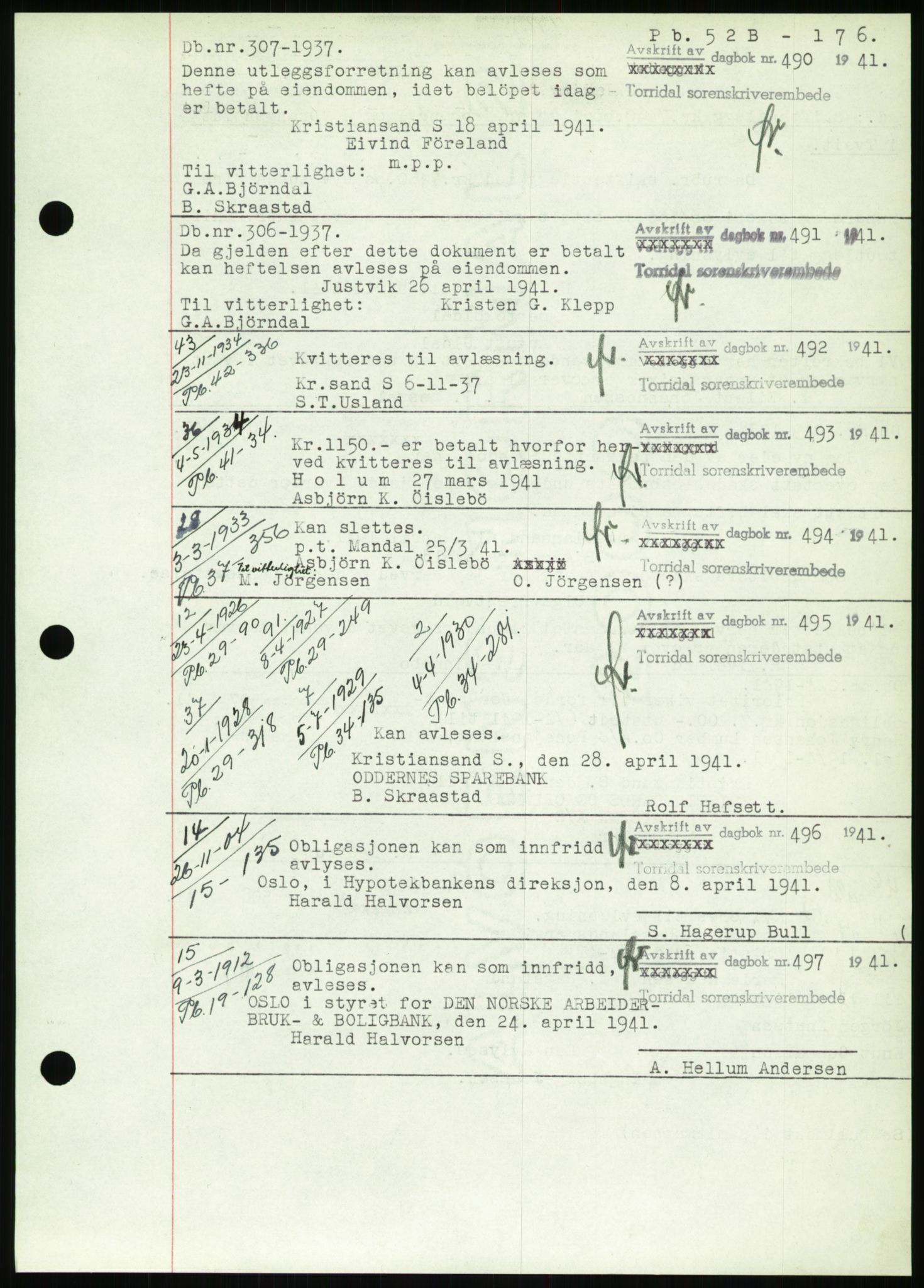 Torridal sorenskriveri, SAK/1221-0012/G/Gb/Gbb/L0008: Pantebok nr. 52b, 1940-1942, Dagboknr: 490/1941