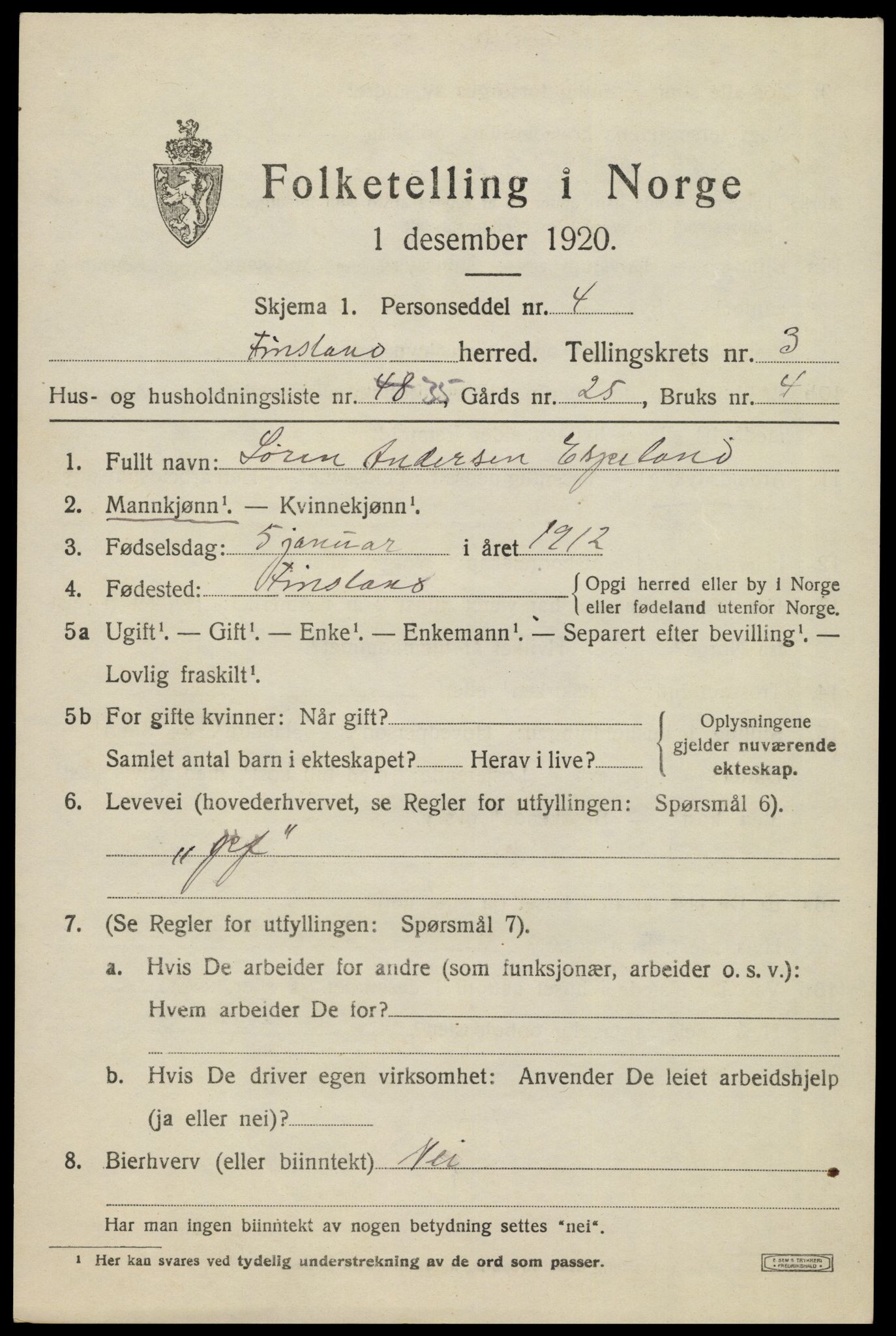 SAK, Folketelling 1920 for 1023 Finsland herred, 1920, s. 1588