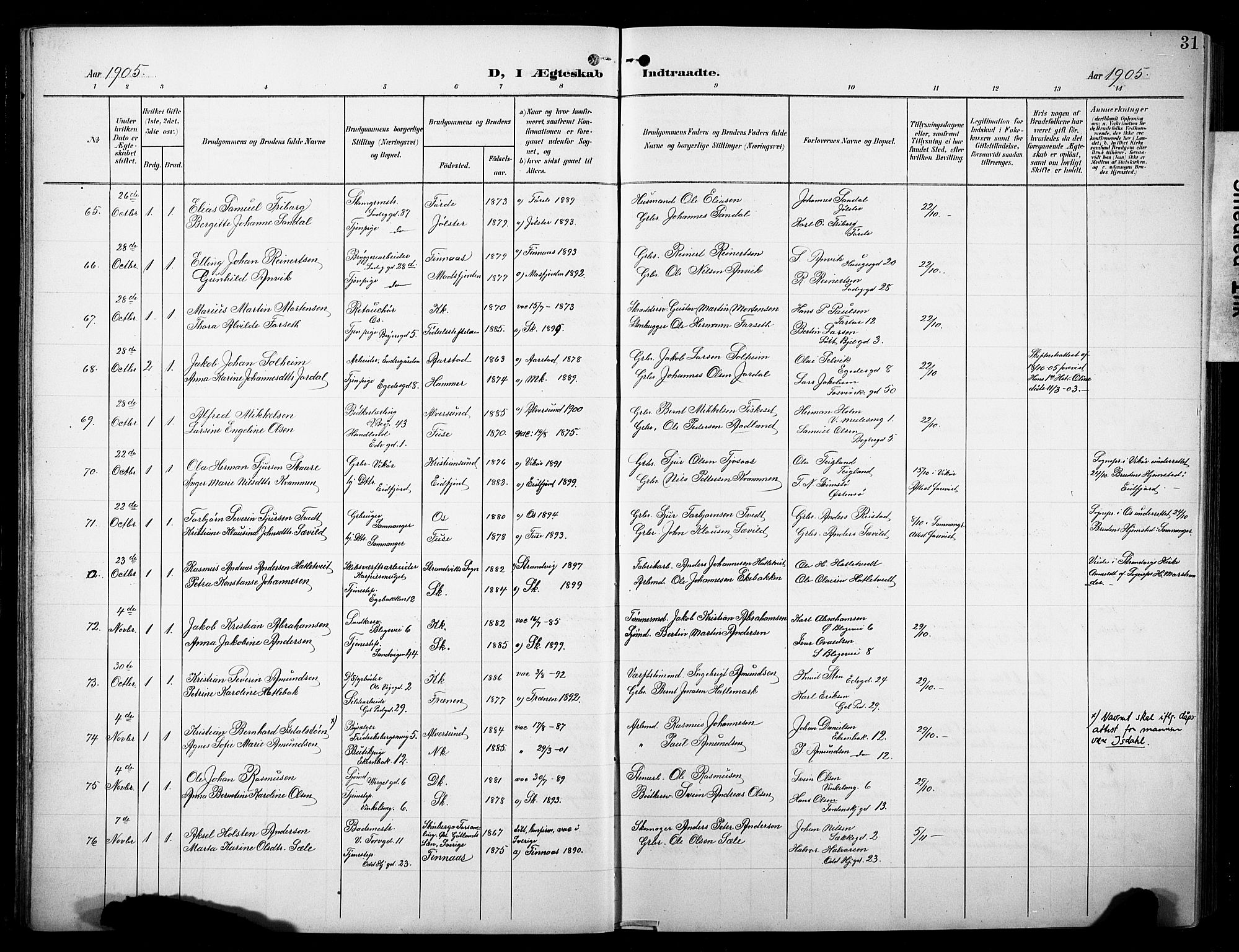 Sandviken Sokneprestembete, AV/SAB-A-77601/H/Hb/L0014: Klokkerbok nr. D 1, 1902-1929, s. 31