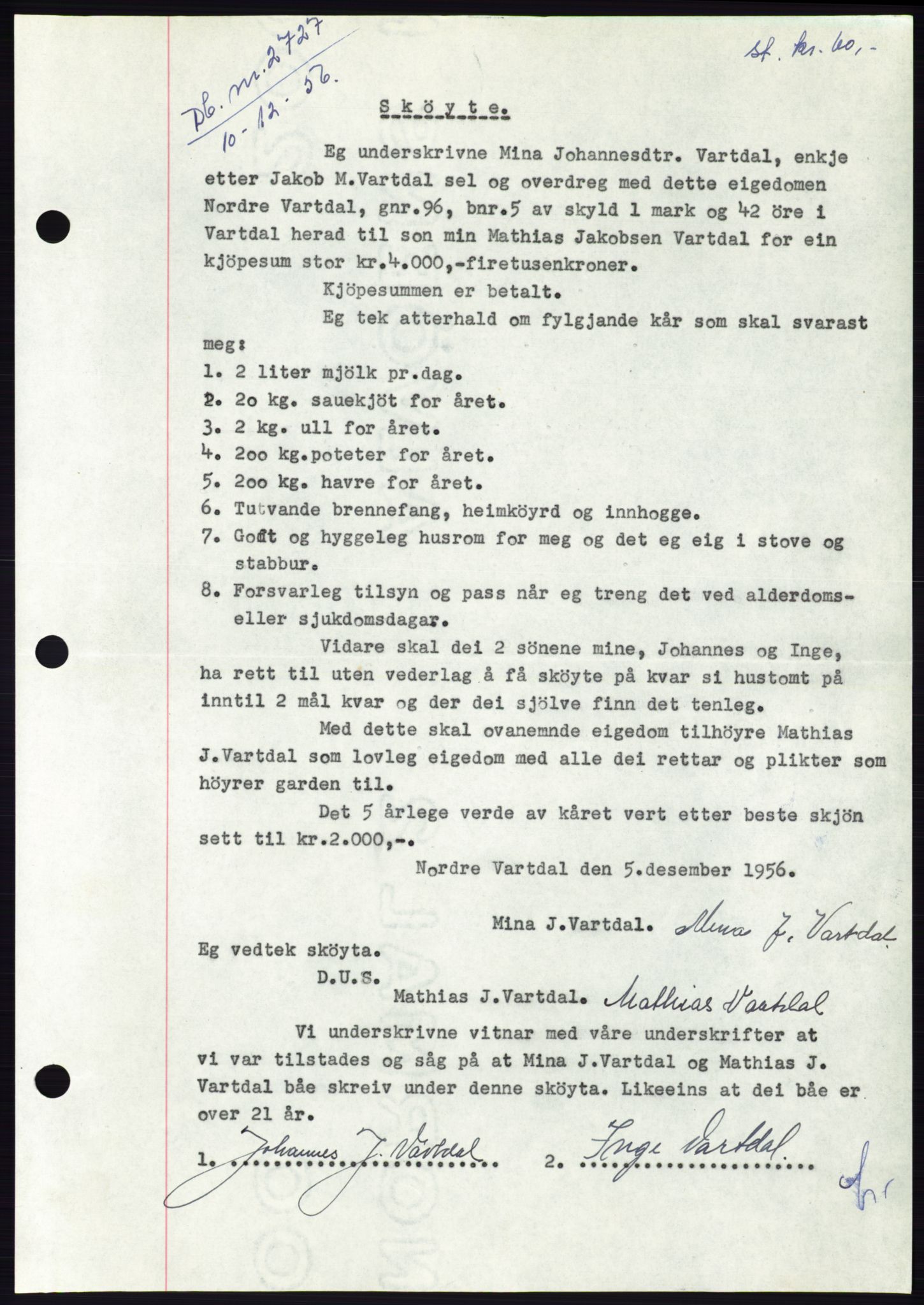 Søre Sunnmøre sorenskriveri, SAT/A-4122/1/2/2C/L0105: Pantebok nr. 31A, 1956-1957, Dagboknr: 2727/1956