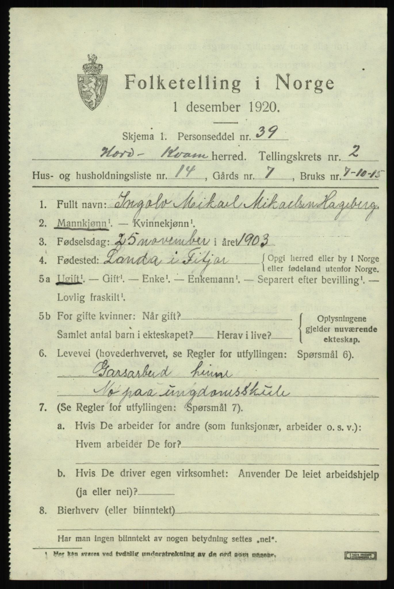 SAB, Folketelling 1920 for 1238 Kvam herred, 1920, s. 2047