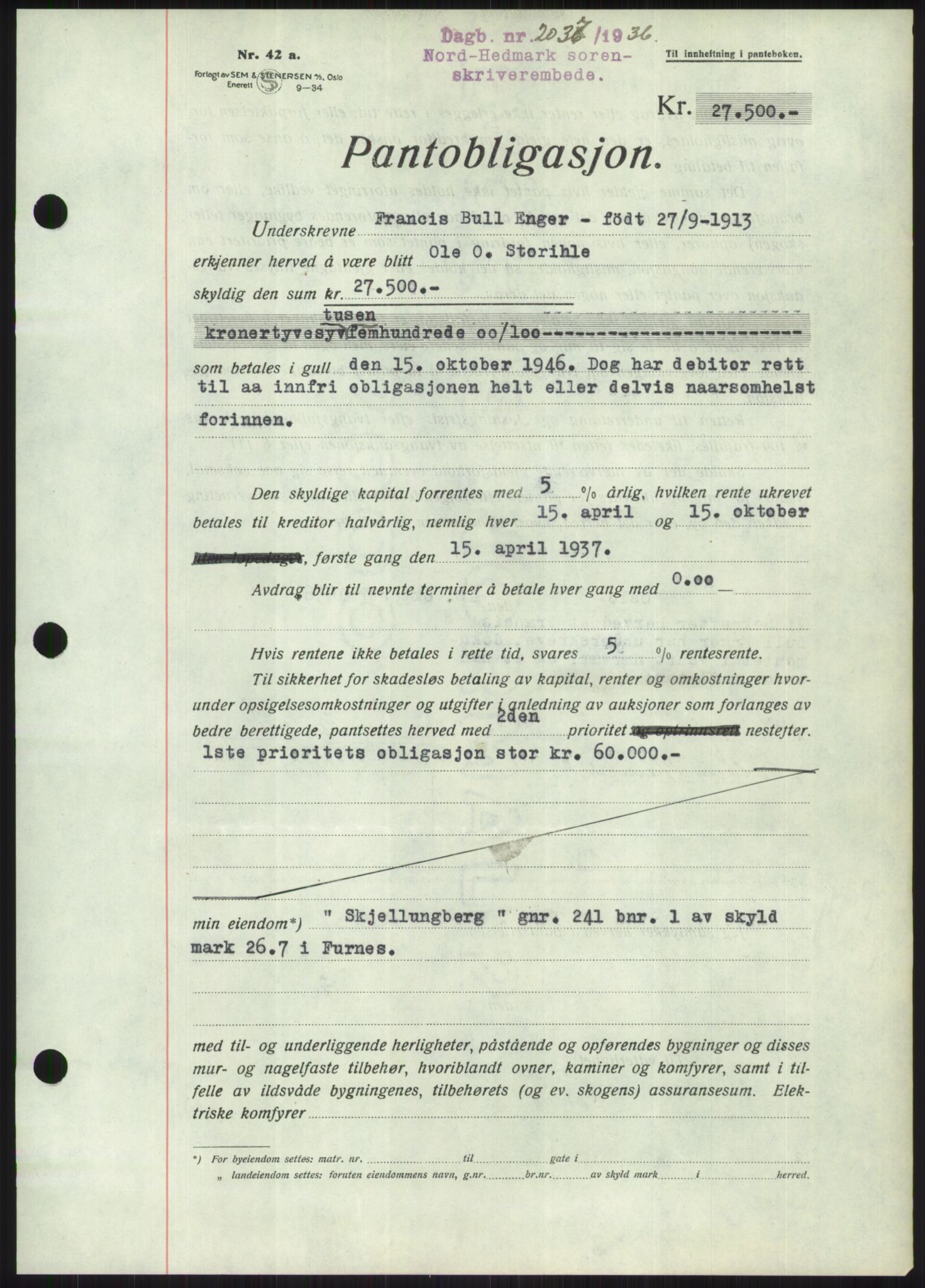 Nord-Hedmark sorenskriveri, SAH/TING-012/H/Hb/Hbf/L0001: Pantebok nr. B1, 1936-1936, Dagboknr: 2037/1936