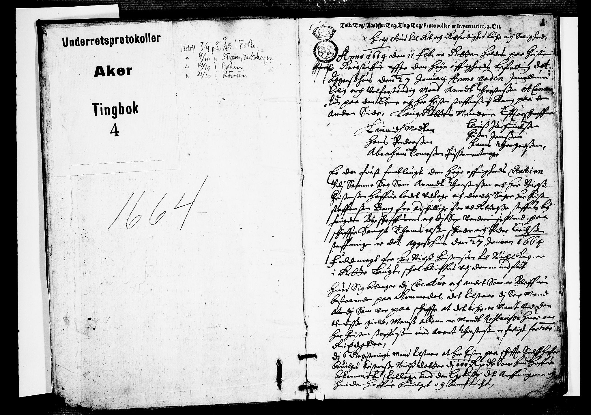 Aker sorenskriveri, AV/SAO-A-10895/F/Fb/L0001/0004: Tingbøker, nr. 1-5b / Tingbok nr. 4, 1664, s. 0b-1a