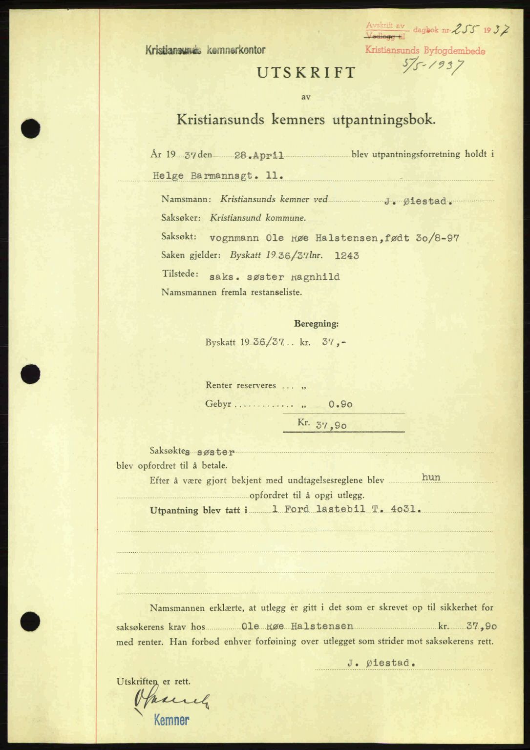 Kristiansund byfogd, SAT/A-4587/A/27: Pantebok nr. 29, 1936-1937, Dagboknr: 255/1937