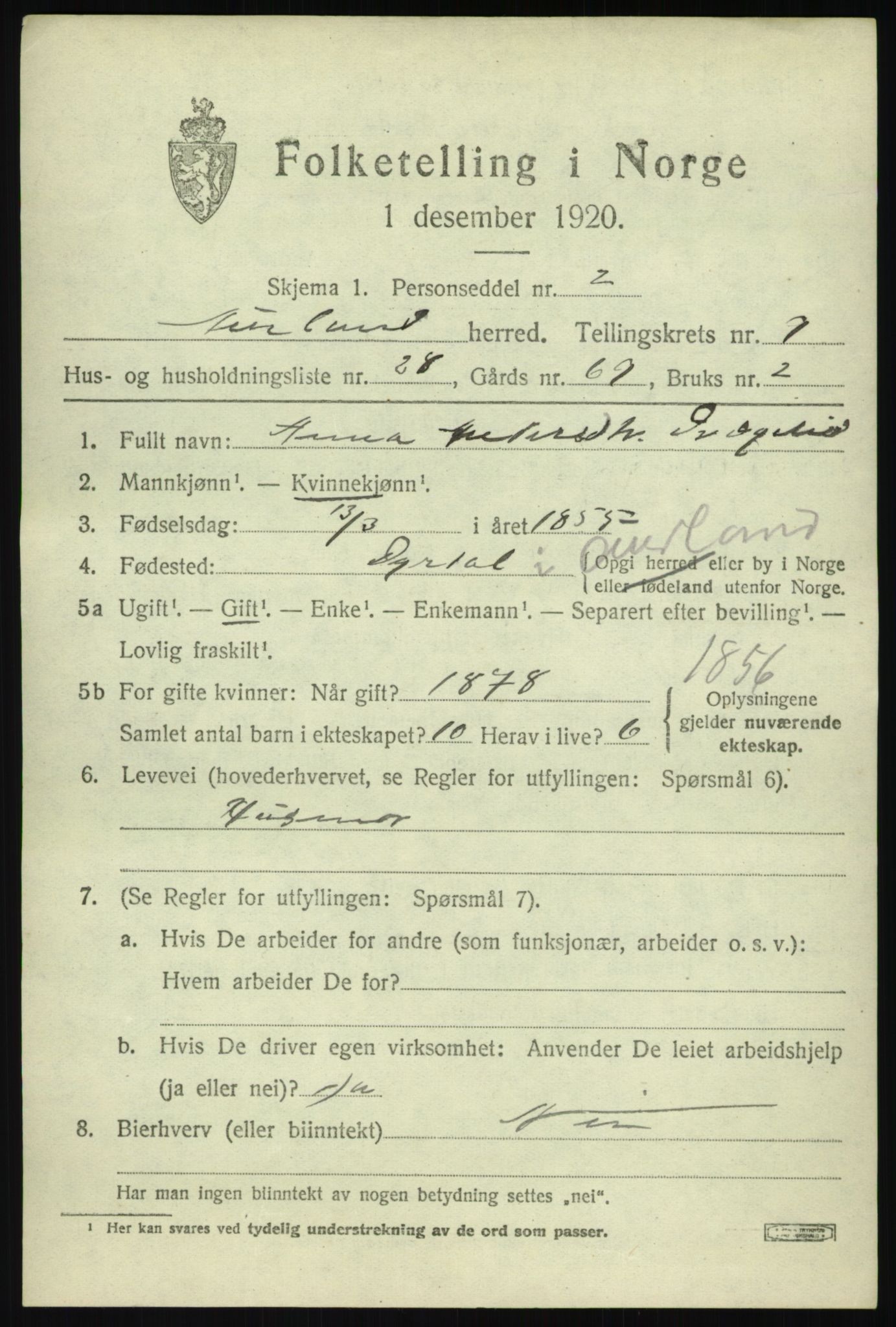 SAB, Folketelling 1920 for 1421 Aurland herred, 1920, s. 5020