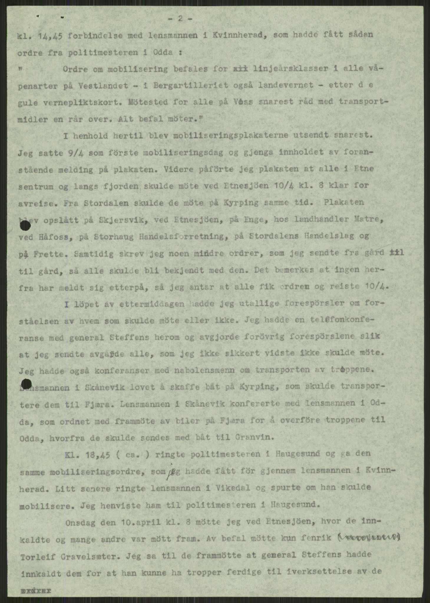 Forsvaret, Forsvarets krigshistoriske avdeling, AV/RA-RAFA-2017/Y/Ya/L0015: II-C-11-31 - Fylkesmenn.  Rapporter om krigsbegivenhetene 1940., 1940, s. 252