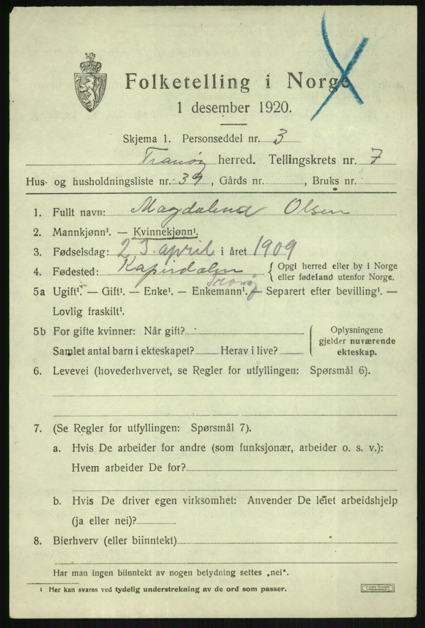 SATØ, Folketelling 1920 for 1927 Tranøy herred, 1920, s. 3805