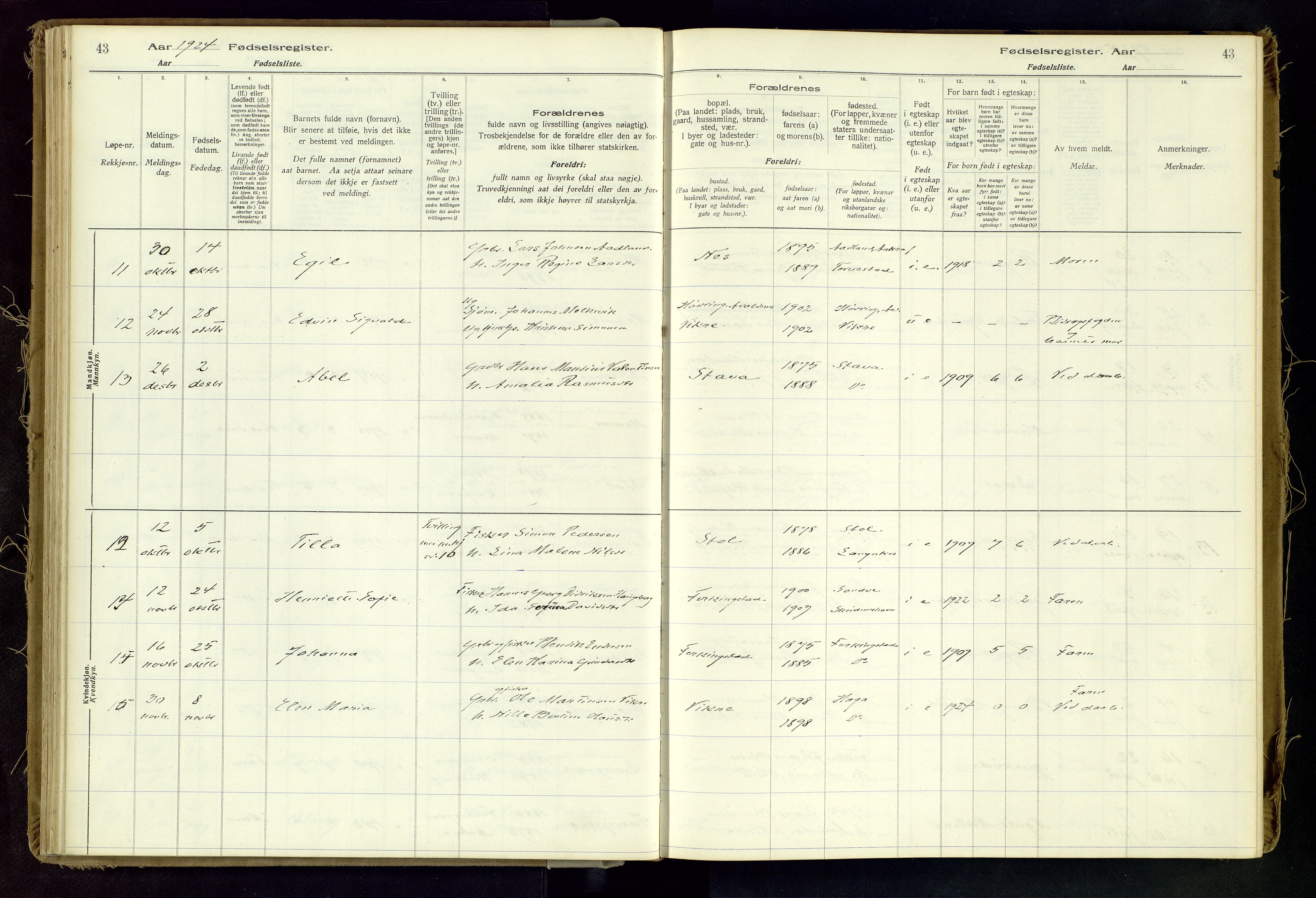 Skudenes sokneprestkontor, AV/SAST-A -101849/I/Id/L0002: Fødselsregister nr. 2, 1916-1962, s. 43