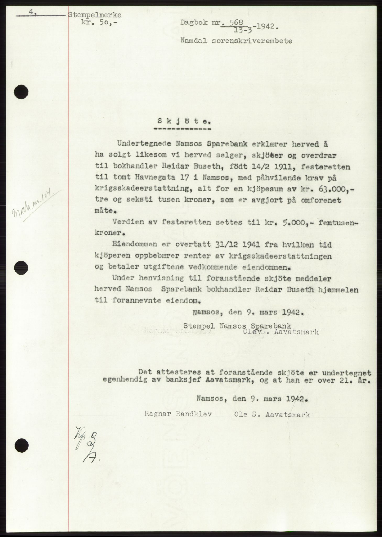Namdal sorenskriveri, SAT/A-4133/1/2/2C: Pantebok nr. -, 1941-1942, Dagboknr: 568/1942