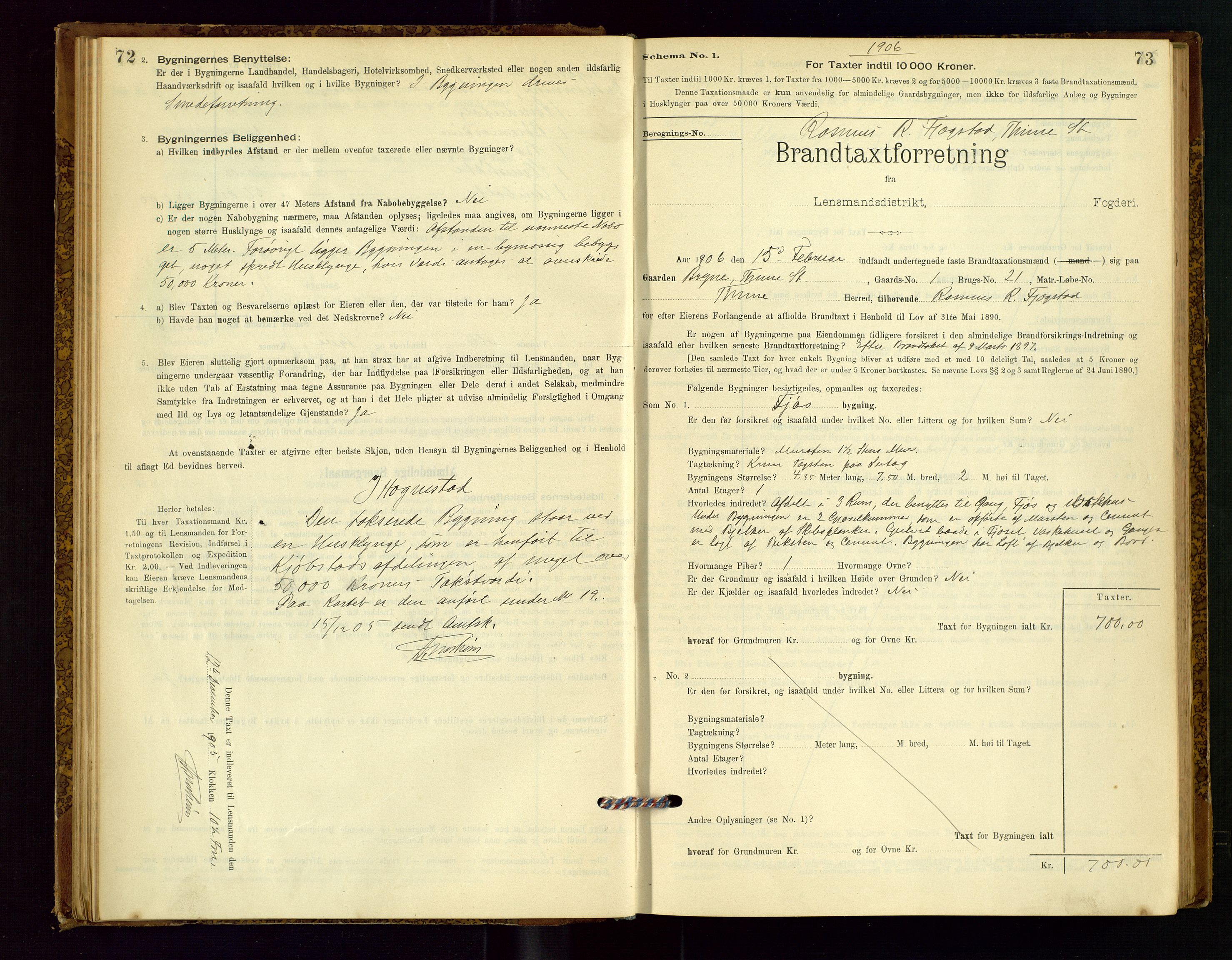 Time lensmannskontor, SAST/A-100420/Gob/L0001: Branntakstprotokoll, 1896-1914, s. 72-73