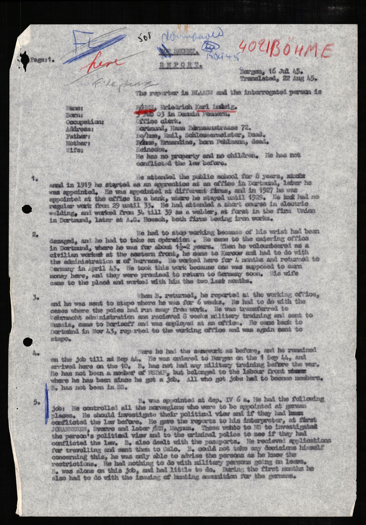 Forsvaret, Forsvarets overkommando II, RA/RAFA-3915/D/Db/L0005: CI Questionaires. Tyske okkupasjonsstyrker i Norge. Tyskere., 1945-1946, s. 111