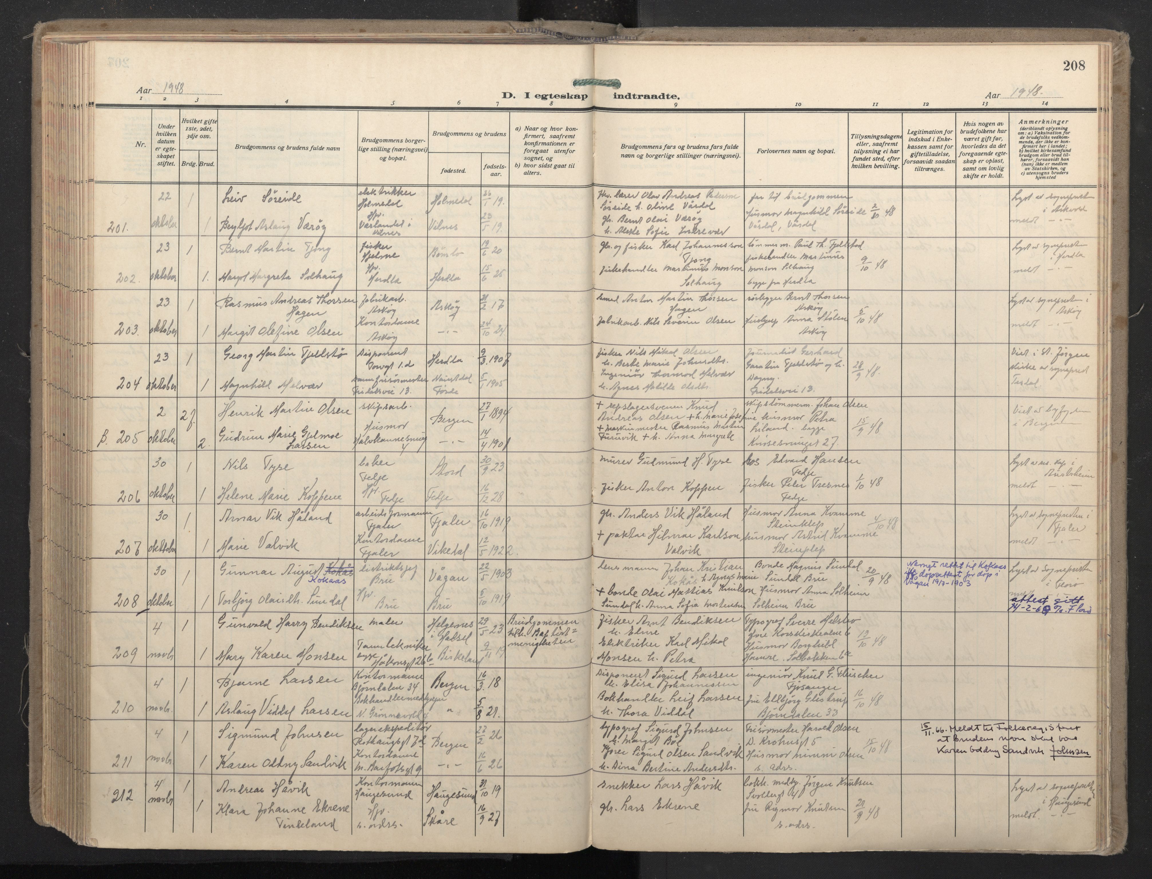 Domkirken sokneprestembete, SAB/A-74801/H/Haa: Ministerialbok nr. D 7, 1937-1950, s. 207b-208a