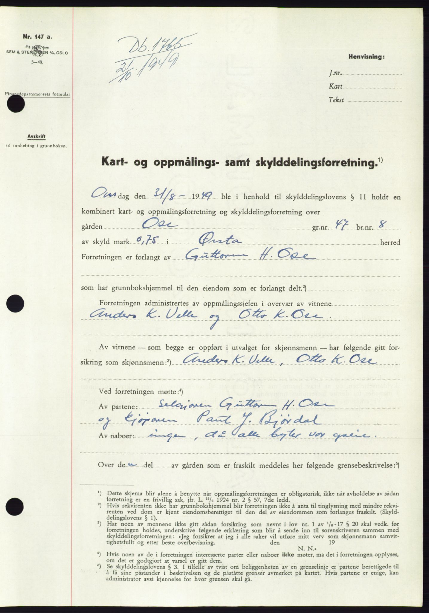 Søre Sunnmøre sorenskriveri, SAT/A-4122/1/2/2C/L0085: Pantebok nr. 11A, 1949-1949, Dagboknr: 1765/1949