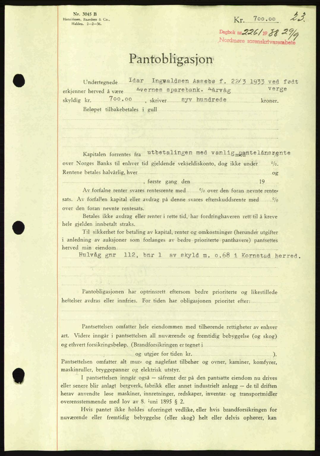 Nordmøre sorenskriveri, SAT/A-4132/1/2/2Ca: Pantebok nr. B84, 1938-1939, Dagboknr: 2261/1938