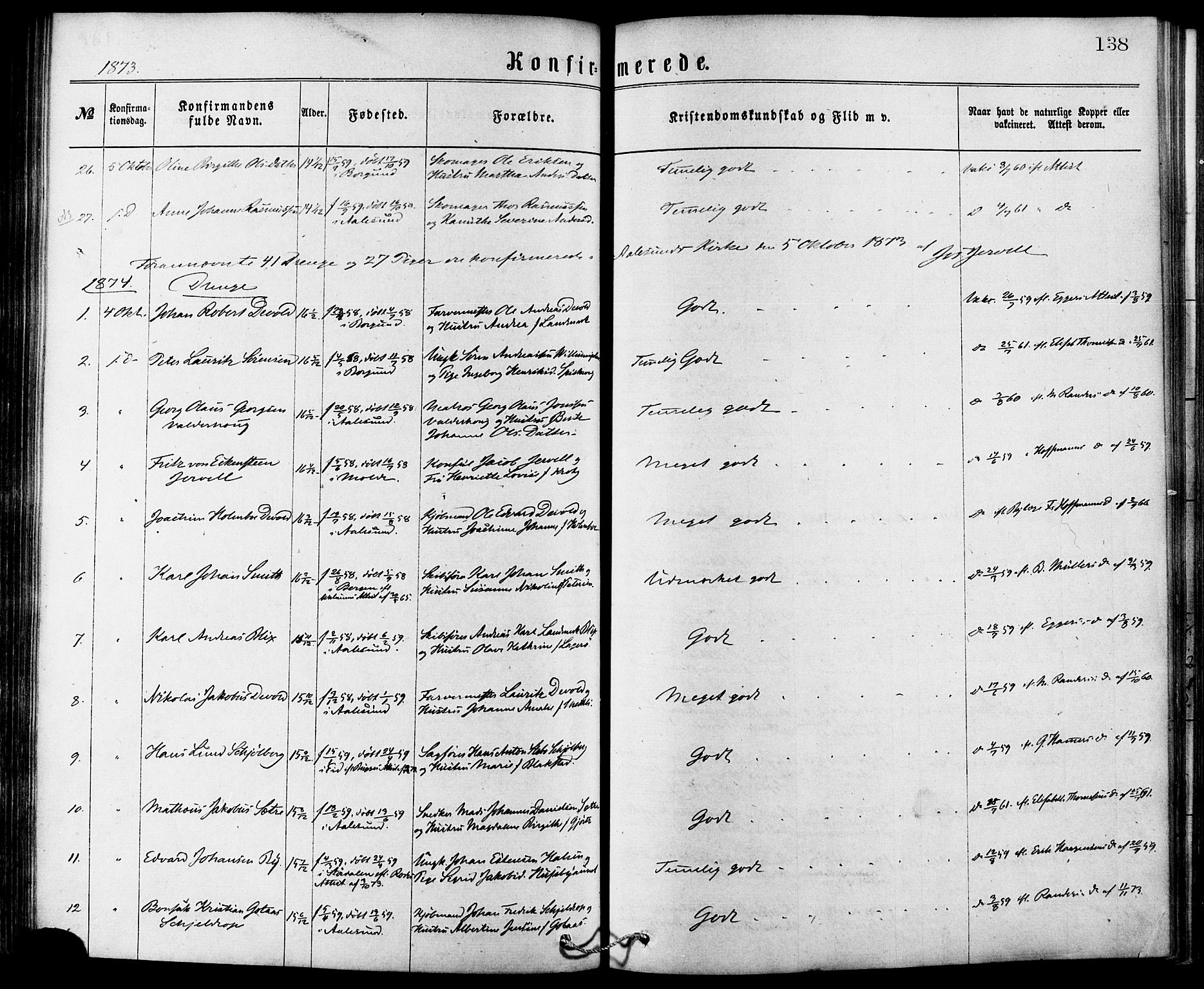 Ministerialprotokoller, klokkerbøker og fødselsregistre - Møre og Romsdal, SAT/A-1454/529/L0453: Ministerialbok nr. 529A03, 1872-1877, s. 138