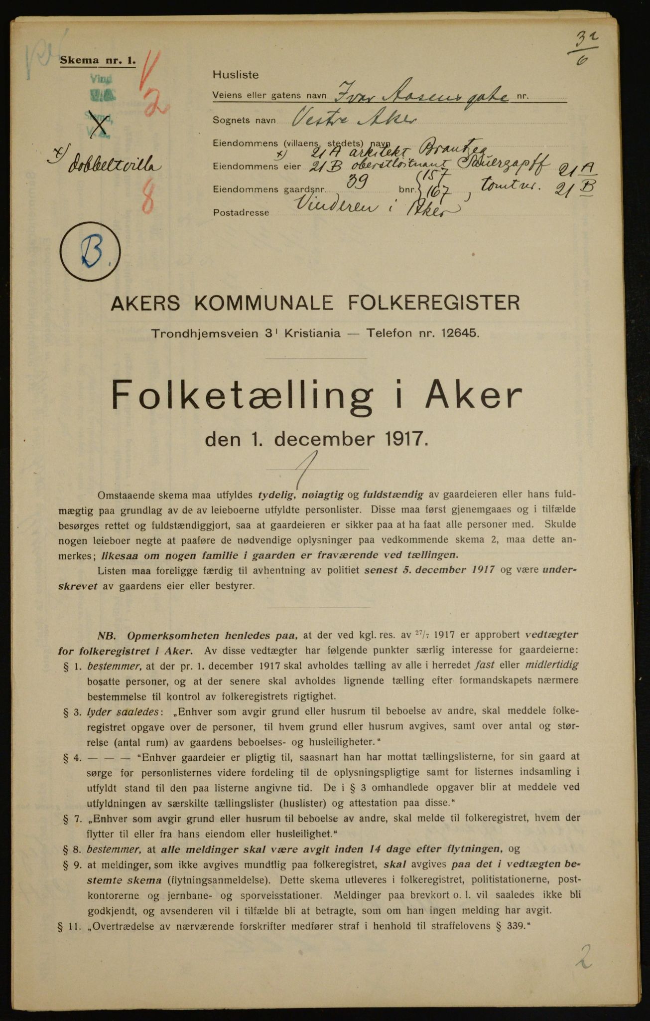 OBA, Kommunal folketelling 1.12.1917 for Aker, 1917, s. 6479