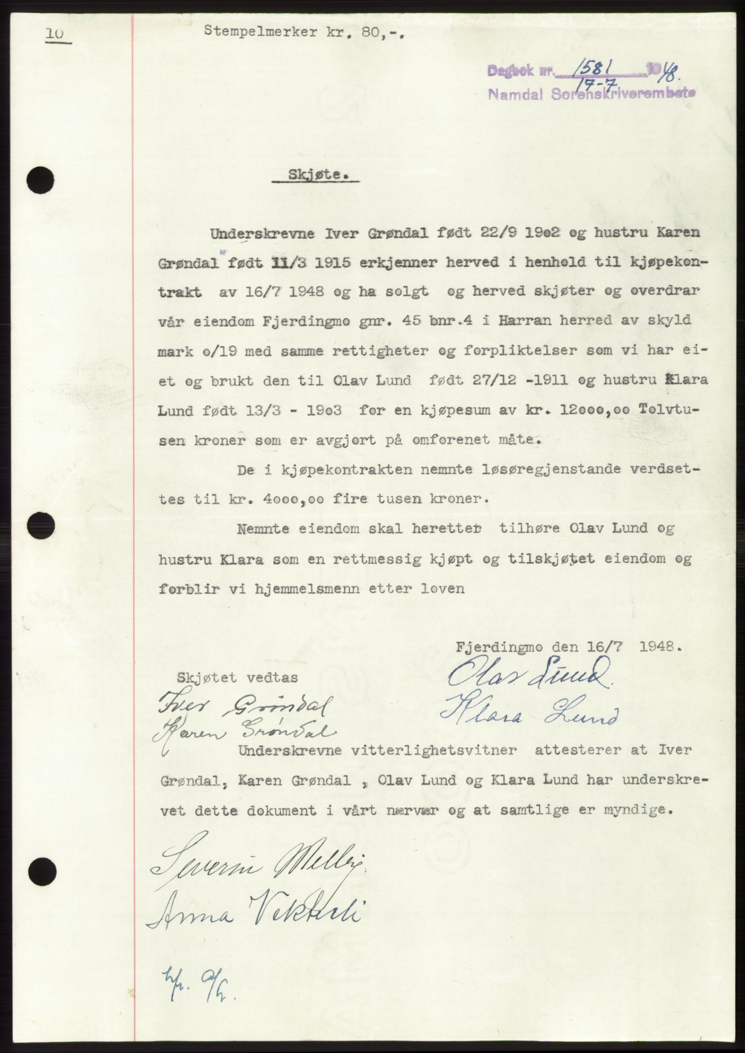 Namdal sorenskriveri, SAT/A-4133/1/2/2C: Pantebok nr. -, 1948-1948, Dagboknr: 1581/1948