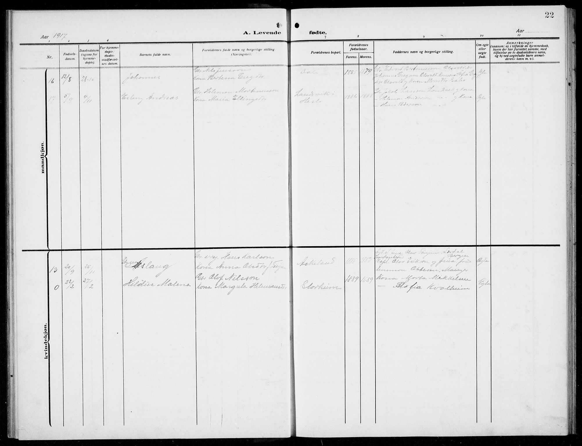 Manger sokneprestembete, AV/SAB-A-76801/H/Hab: Klokkerbok nr. D  4, 1910-1935, s. 22