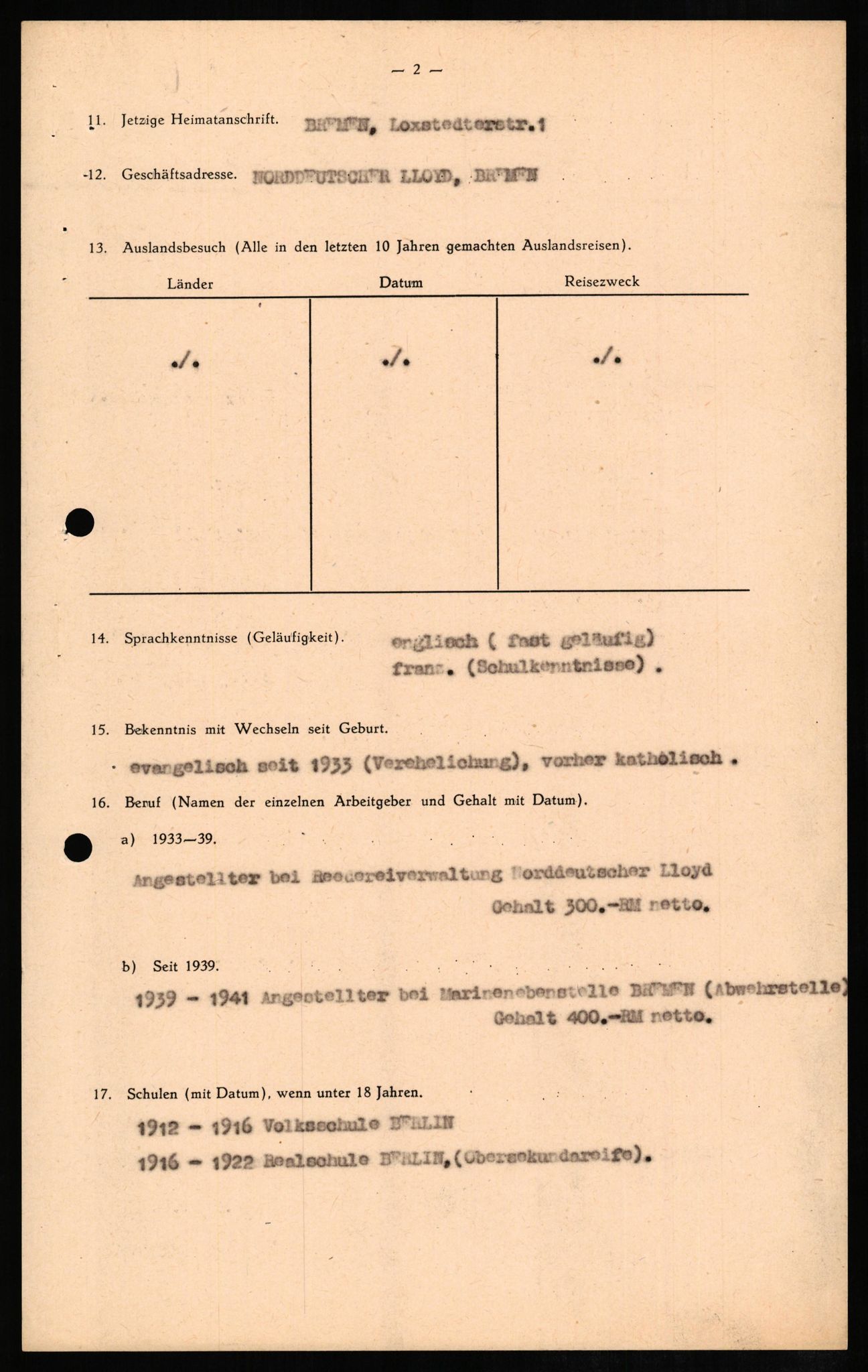 Forsvaret, Forsvarets overkommando II, AV/RA-RAFA-3915/D/Db/L0010: CI Questionaires. Tyske okkupasjonsstyrker i Norge. Tyskere., 1945-1946, s. 404