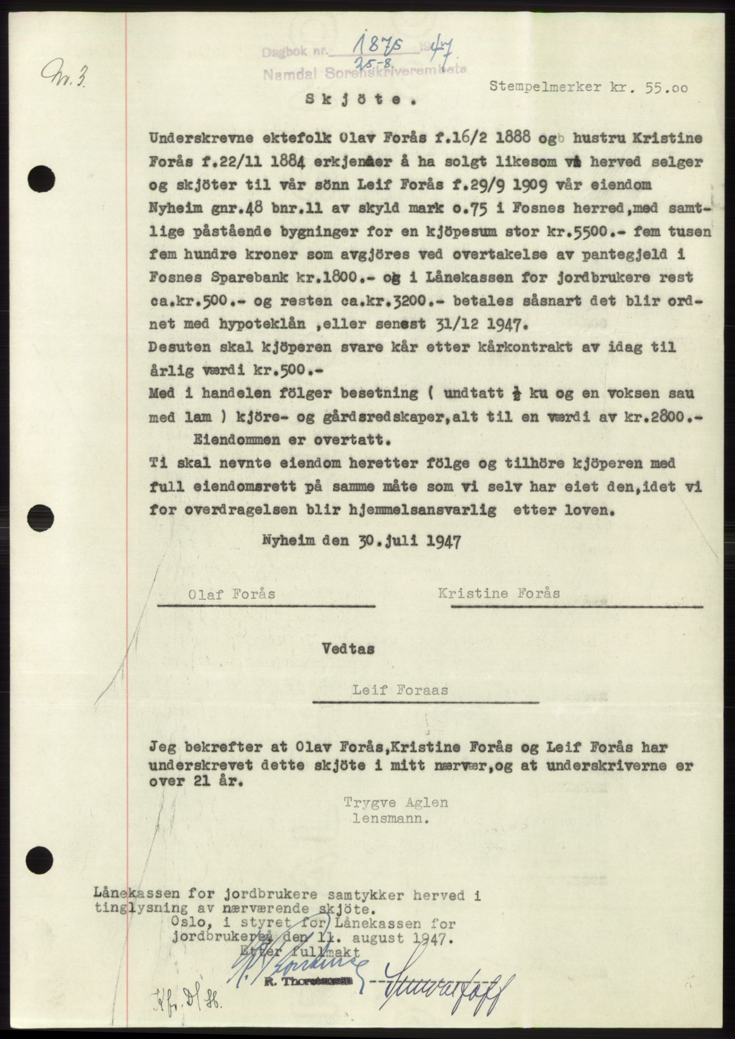 Namdal sorenskriveri, SAT/A-4133/1/2/2C: Pantebok nr. -, 1947-1947, Dagboknr: 1875/1947