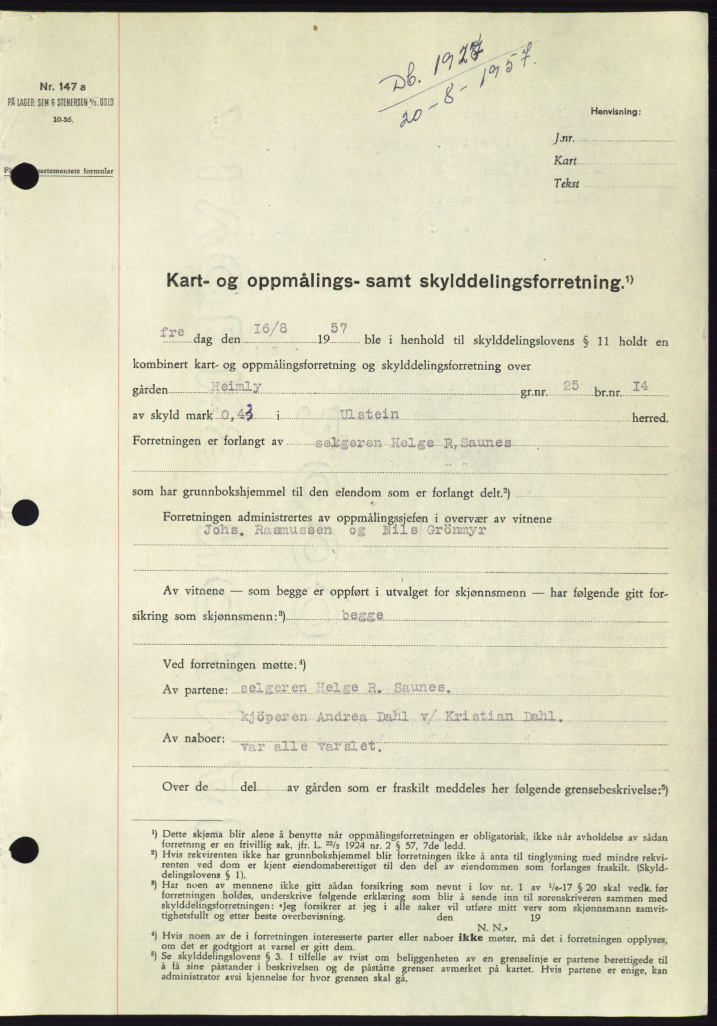 Søre Sunnmøre sorenskriveri, SAT/A-4122/1/2/2C/L0107: Pantebok nr. 33A, 1957-1957, Dagboknr: 1927/1957