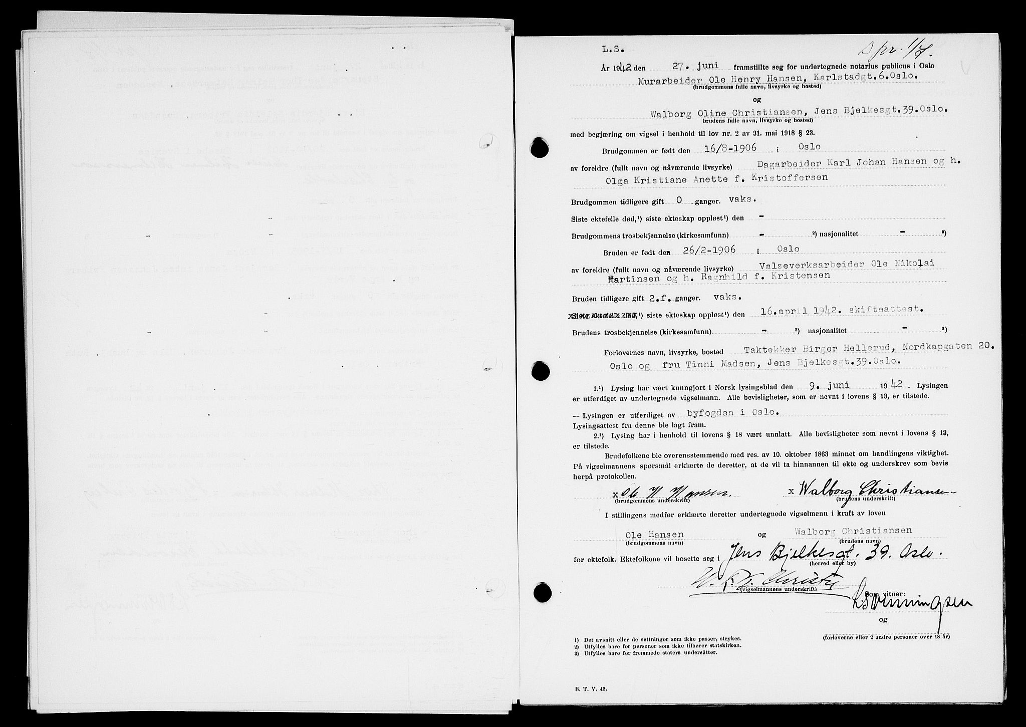 Oslo byfogd avd. I, SAO/A-10220/L/Lb/Lbb/L0040: Notarialprotokoll, rekke II: Vigsler, 1942