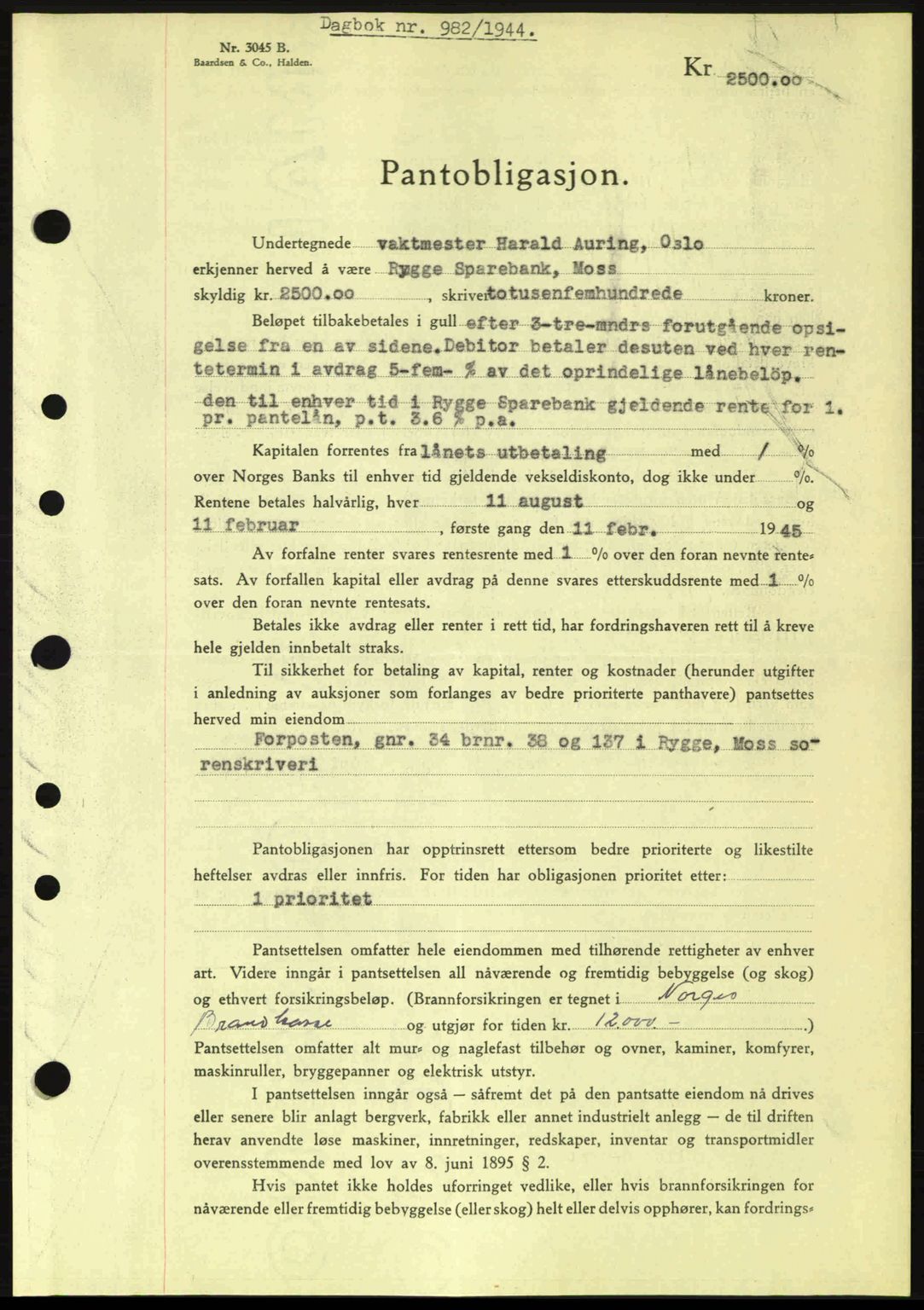 Moss sorenskriveri, SAO/A-10168: Pantebok nr. B13, 1943-1945, Dagboknr: 982/1944