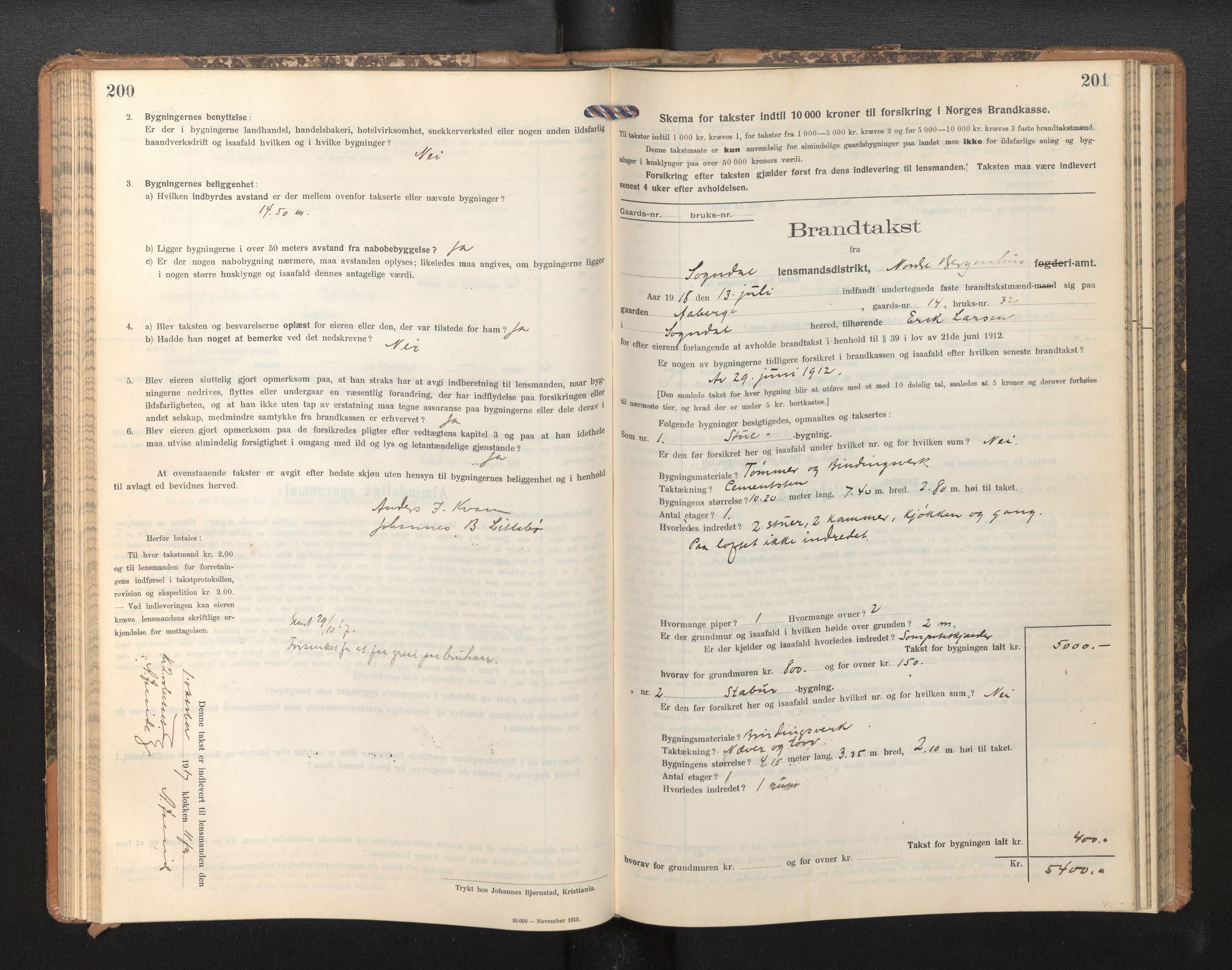 Lensmannen i Sogndal, SAB/A-29901/0012/L0011: Branntakstprotokoll, skjematakst, 1914-1922, s. 200-201