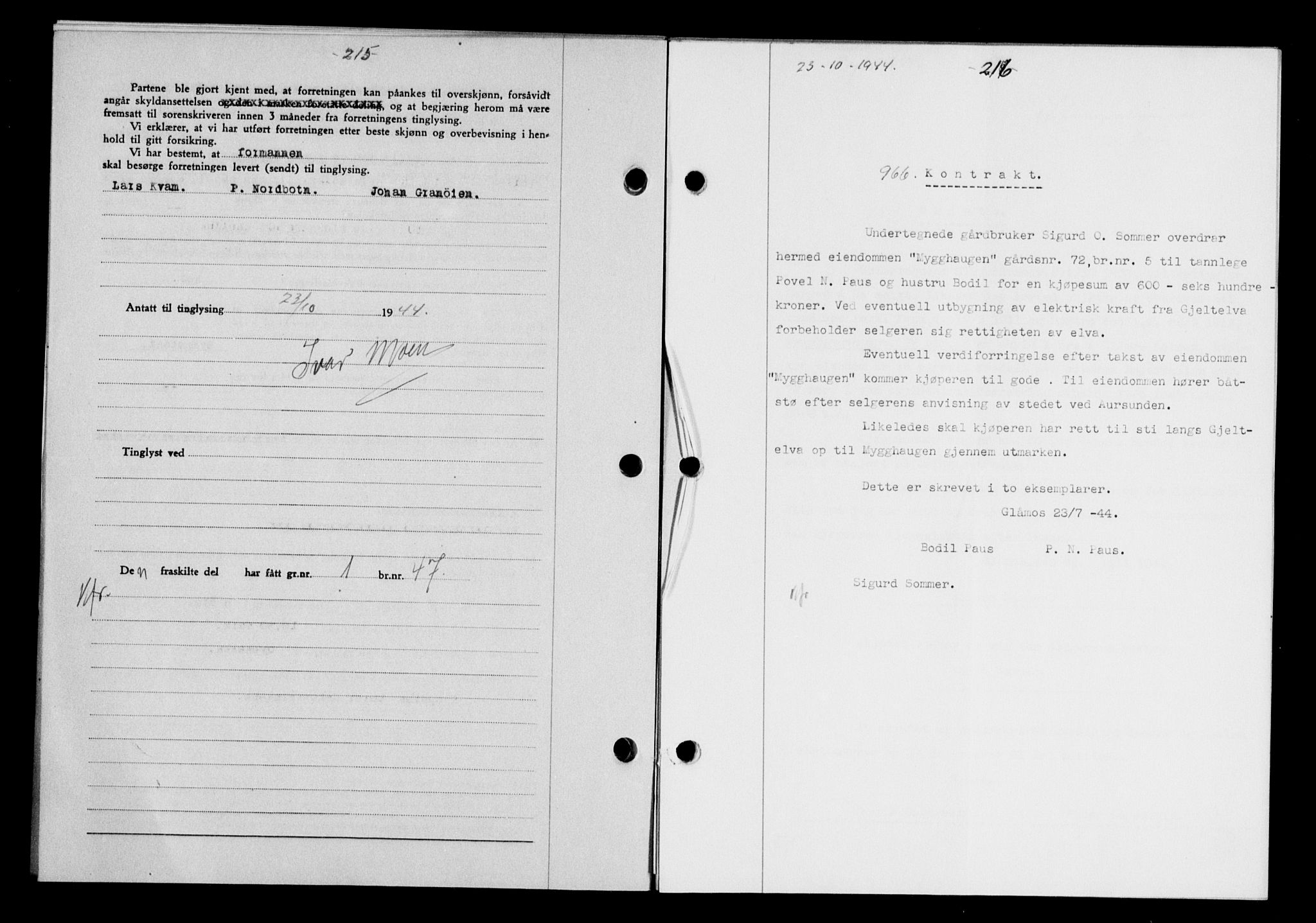 Gauldal sorenskriveri, SAT/A-0014/1/2/2C/L0058: Pantebok nr. 63, 1944-1945, Dagboknr: 966/1944