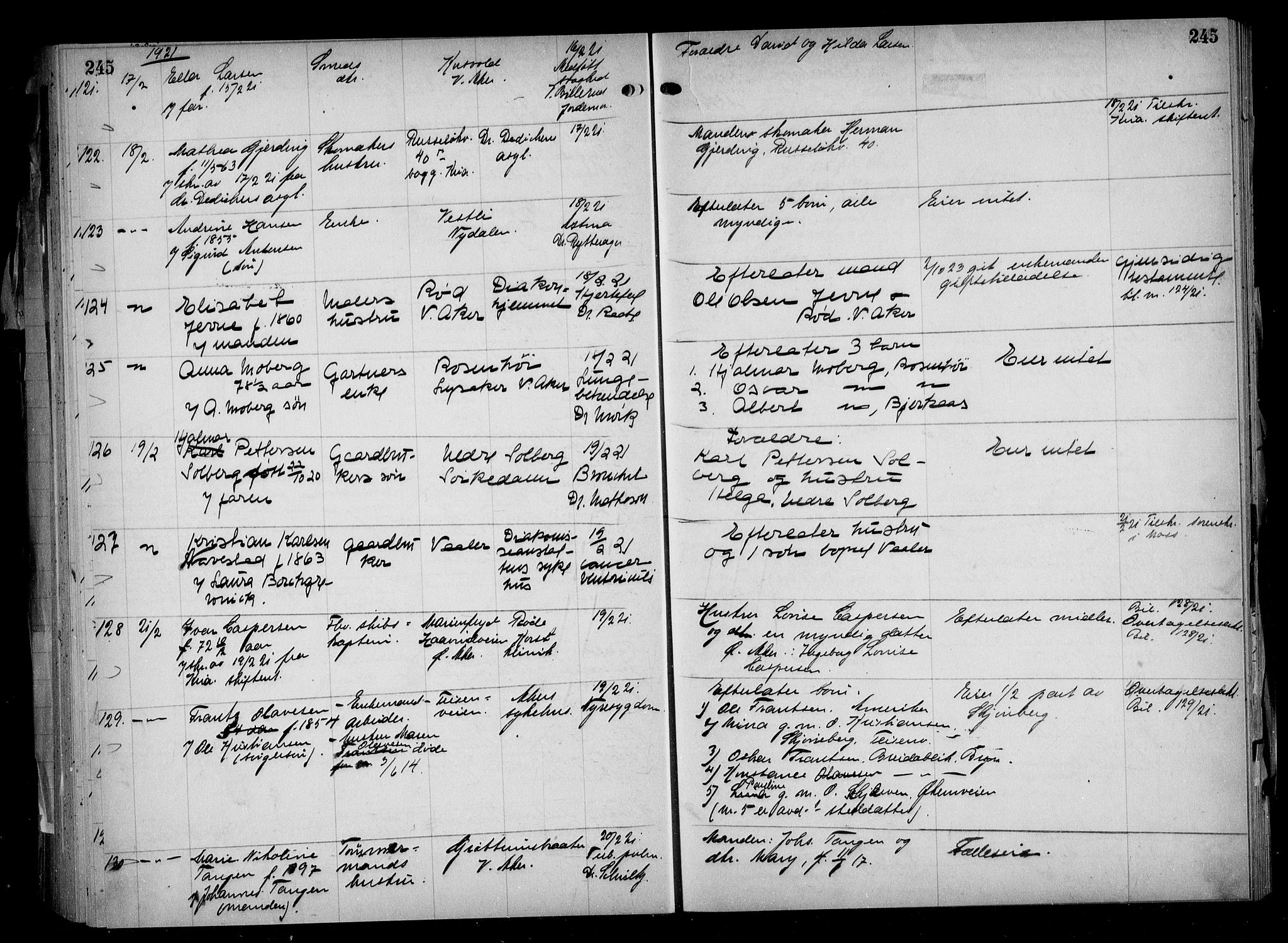 Aker kriminaldommer, skifte- og auksjonsforvalterembete, AV/SAO-A-10452/H/Hb/Hba/Hbaa/L0005: Dødsfallsprotokoll, 1918-1922, s. 245